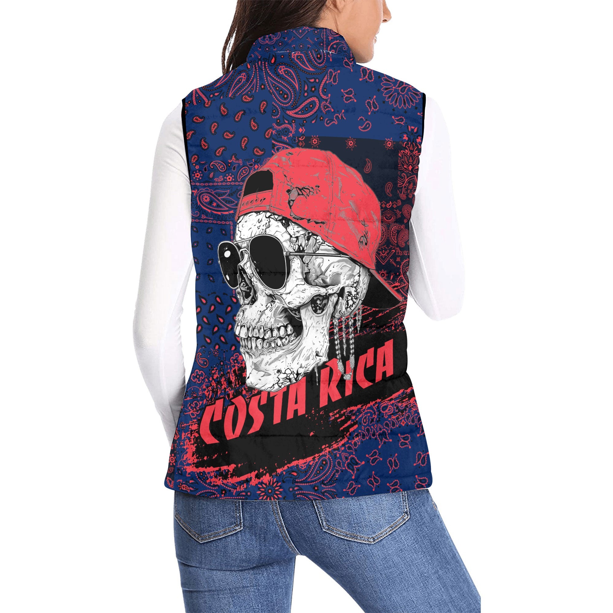 Costa Rica Women Padded Jacket Vest Paisley Flag And Skull Style 2