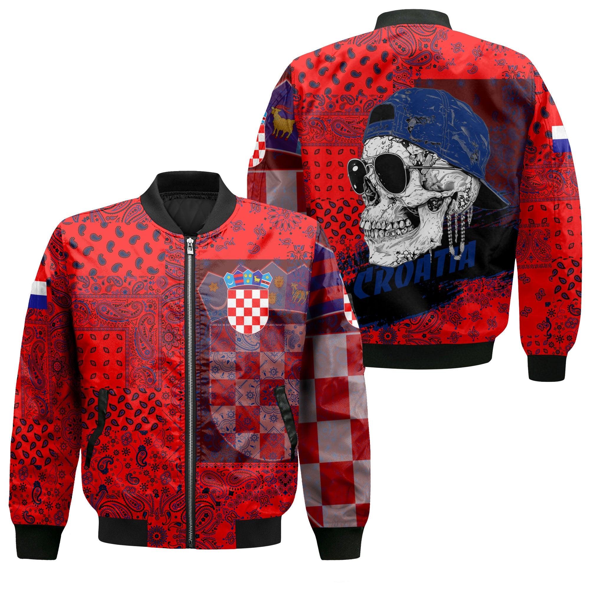 Croatia Bomber Jacket Paisley Flag And Skull Style 1