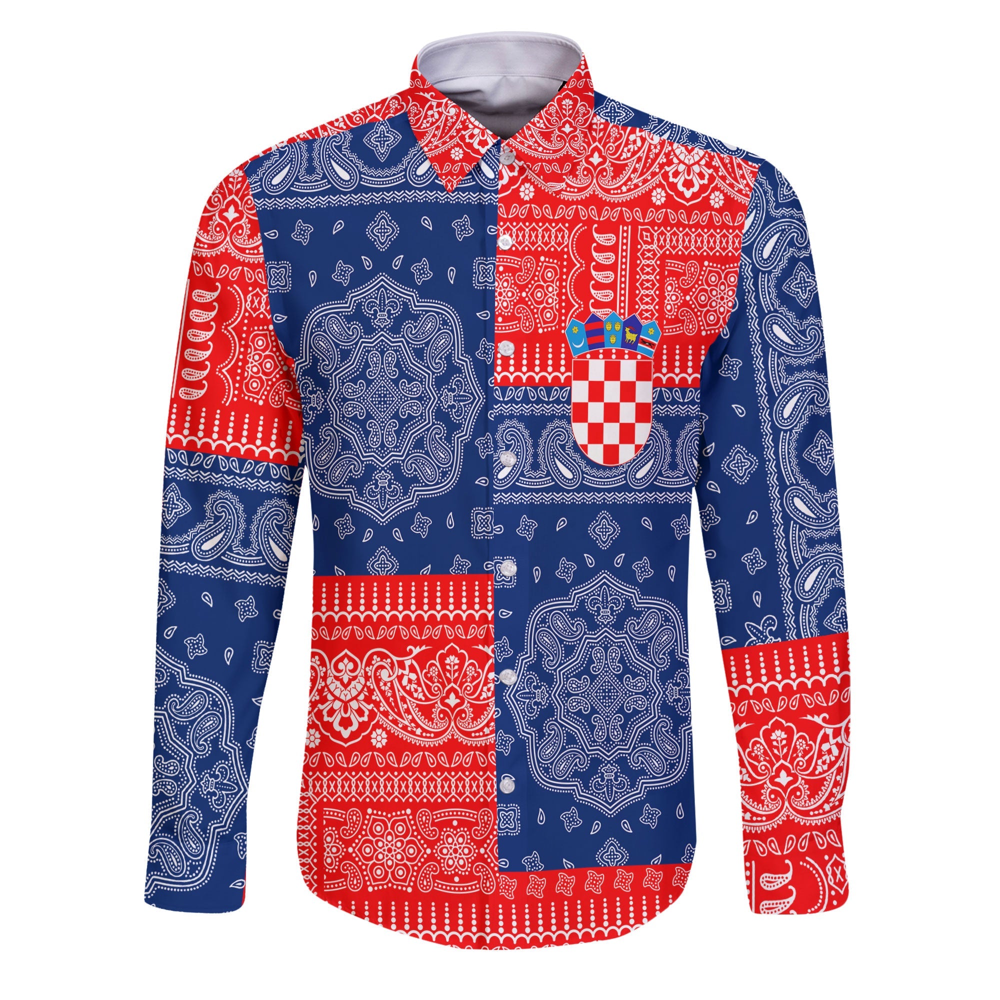 Croatia Long Sleeve Button Shirt Flag And Paisley Basic Style 1