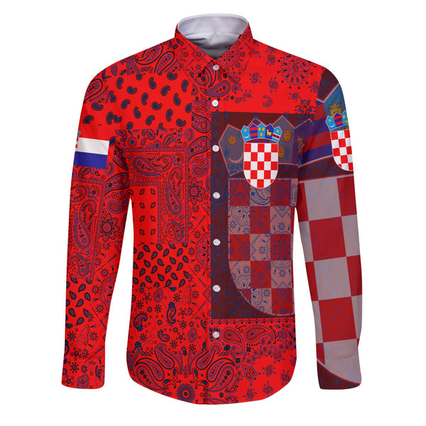 Croatia Long Sleeve Button Shirt Paisley Flag And Skull Style 1