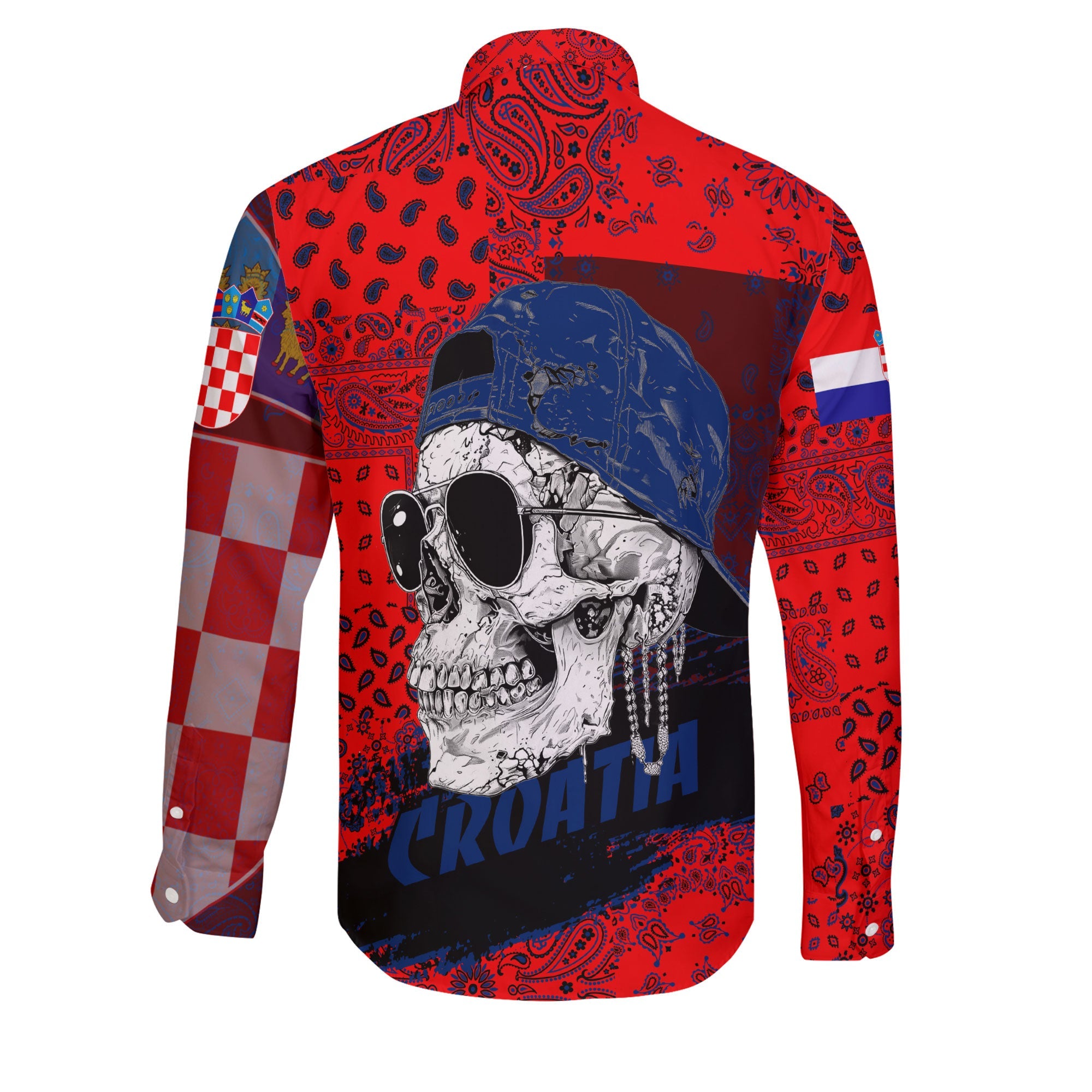 Croatia Long Sleeve Button Shirt Paisley Flag And Skull Style 2