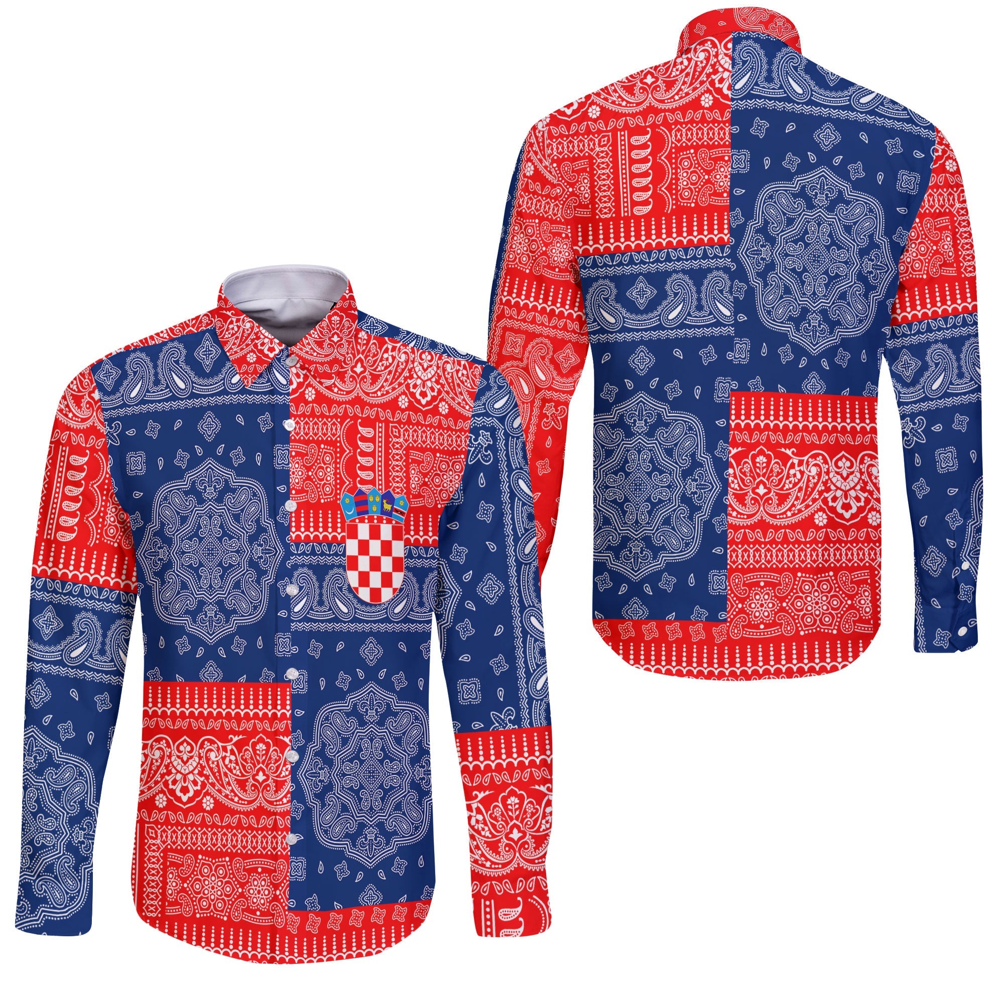 Croatia Long Sleeve Button Shirt Flag And Paisley Basic Style 3