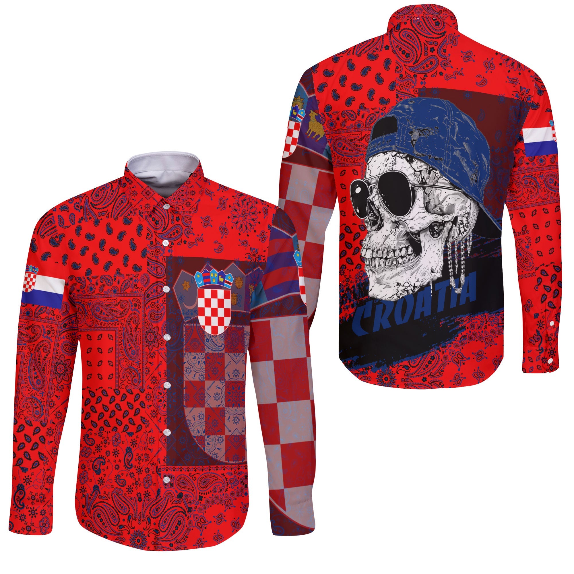 Croatia Long Sleeve Button Shirt Paisley Flag And Skull Style 3