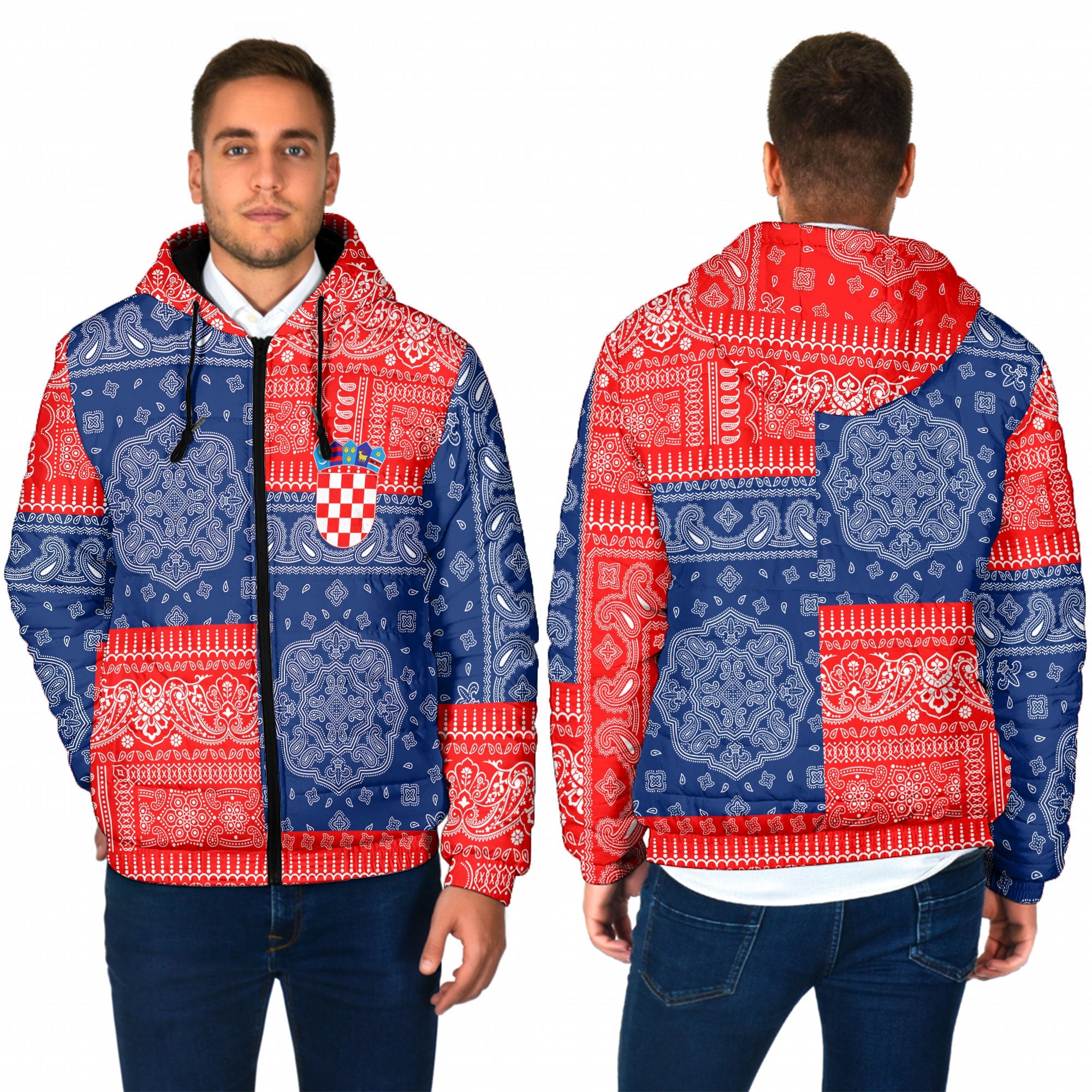 Croatia Men Hooded Padded Jacket Flag And Paisley Basic Style 1