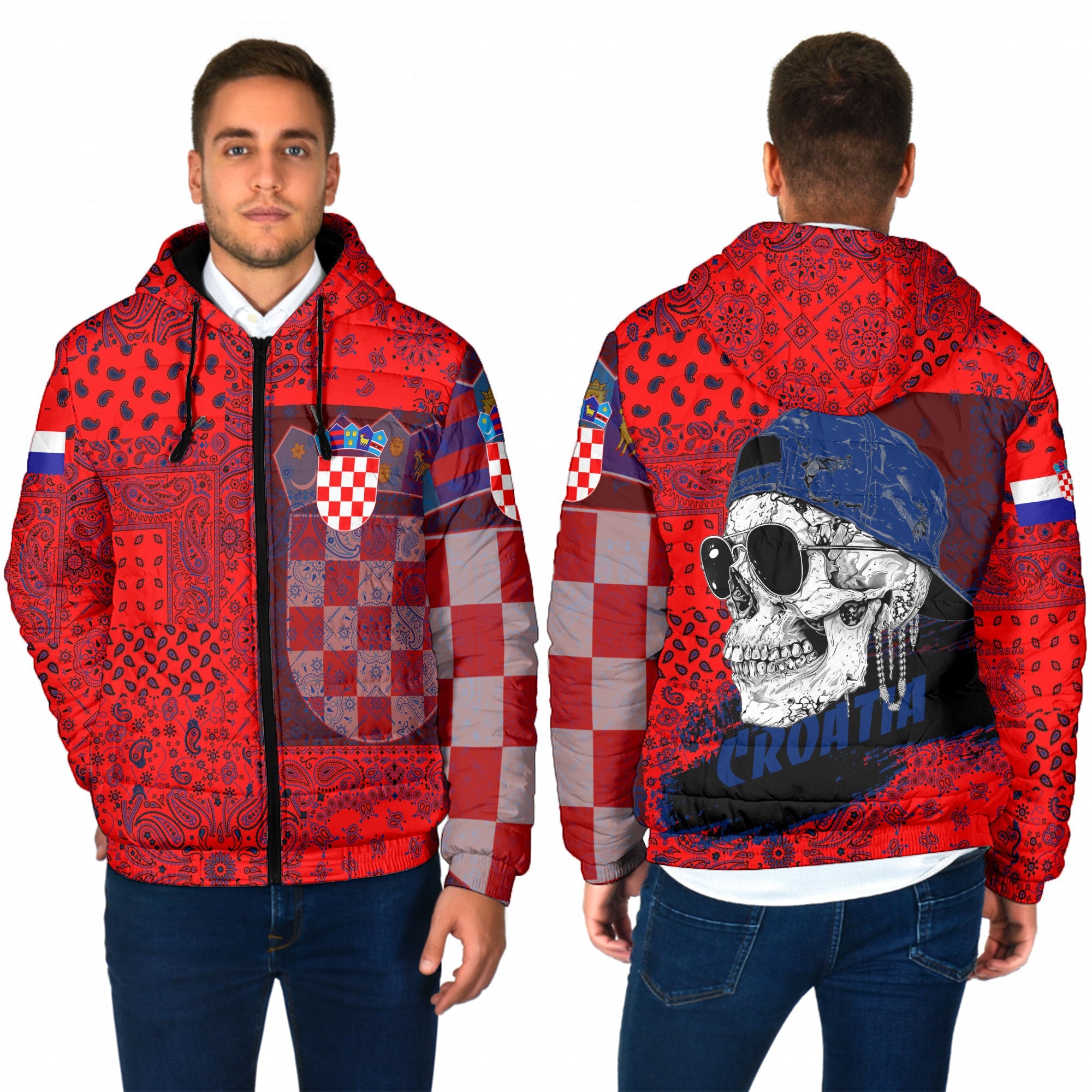 Croatia Men Hooded Padded Jacket Paisley Flag And Skull Style 1