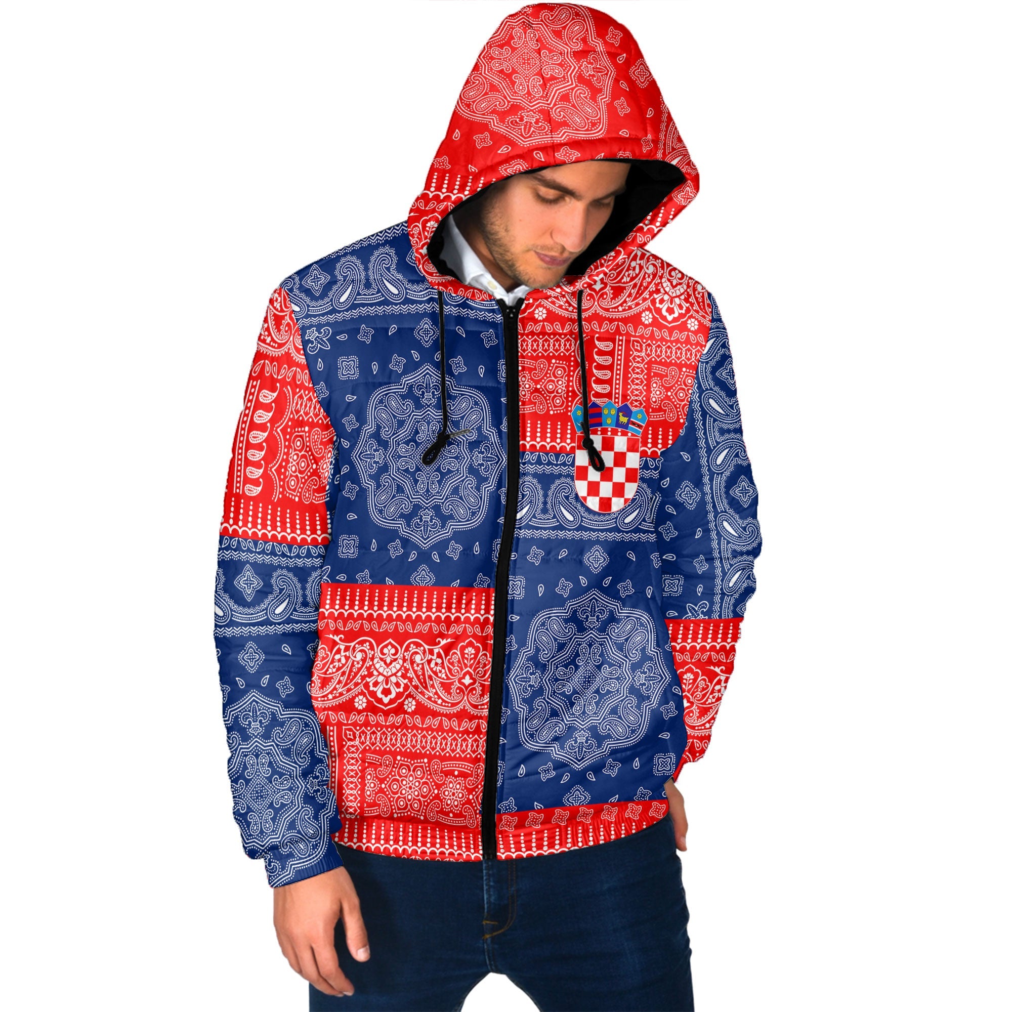 Croatia Men Hooded Padded Jacket Flag And Paisley Basic Style 2