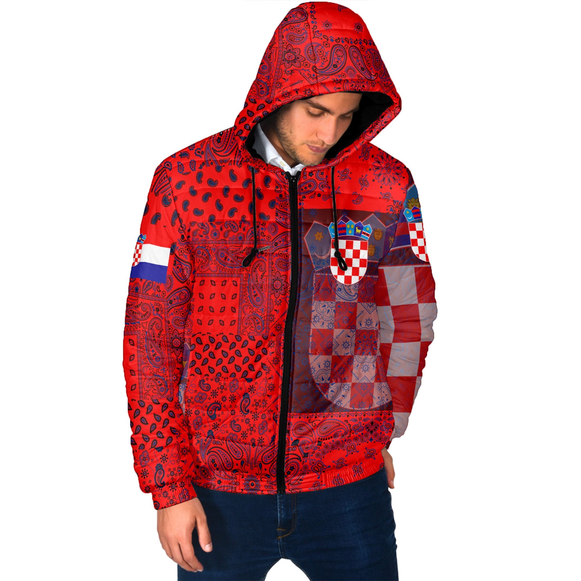 Croatia Men Hooded Padded Jacket Paisley Flag And Skull Style 2