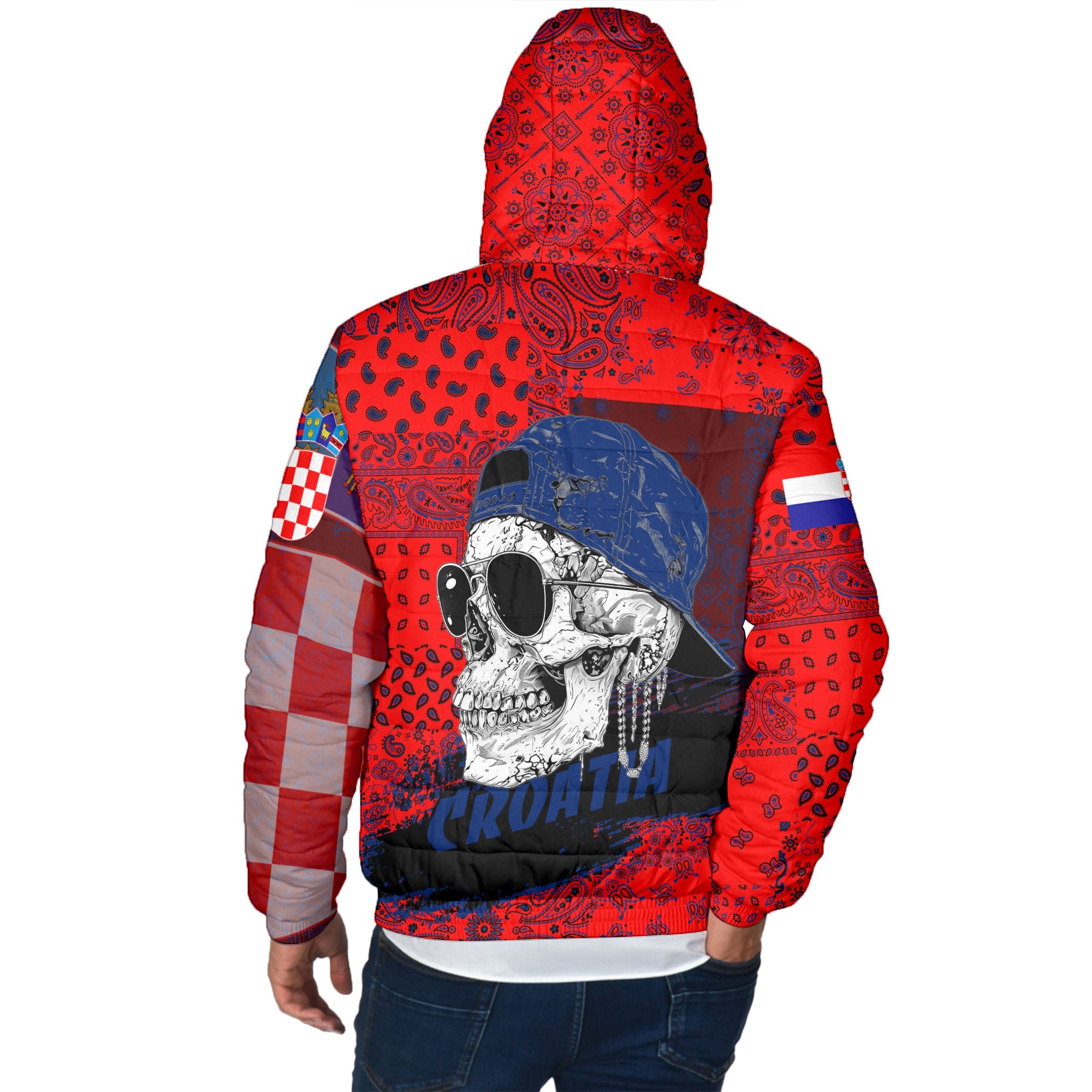 Croatia Men Hooded Padded Jacket Paisley Flag And Skull Style 3