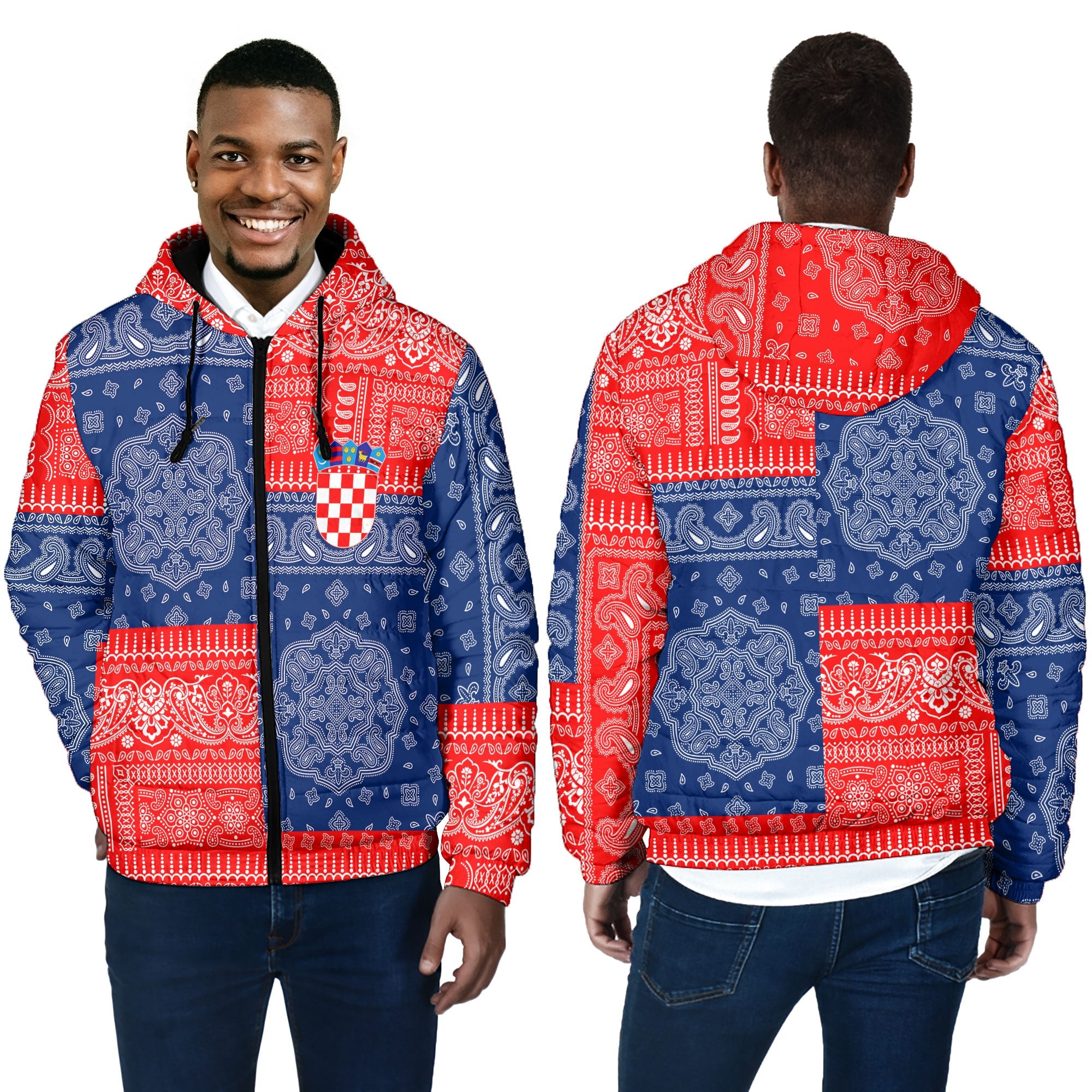 Croatia Men Hooded Padded Jacket Flag And Paisley Basic Style 4