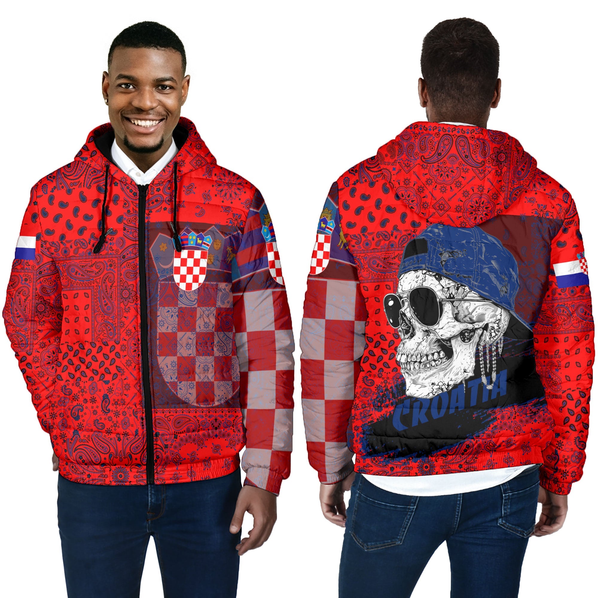 Croatia Men Hooded Padded Jacket Paisley Flag And Skull Style 4