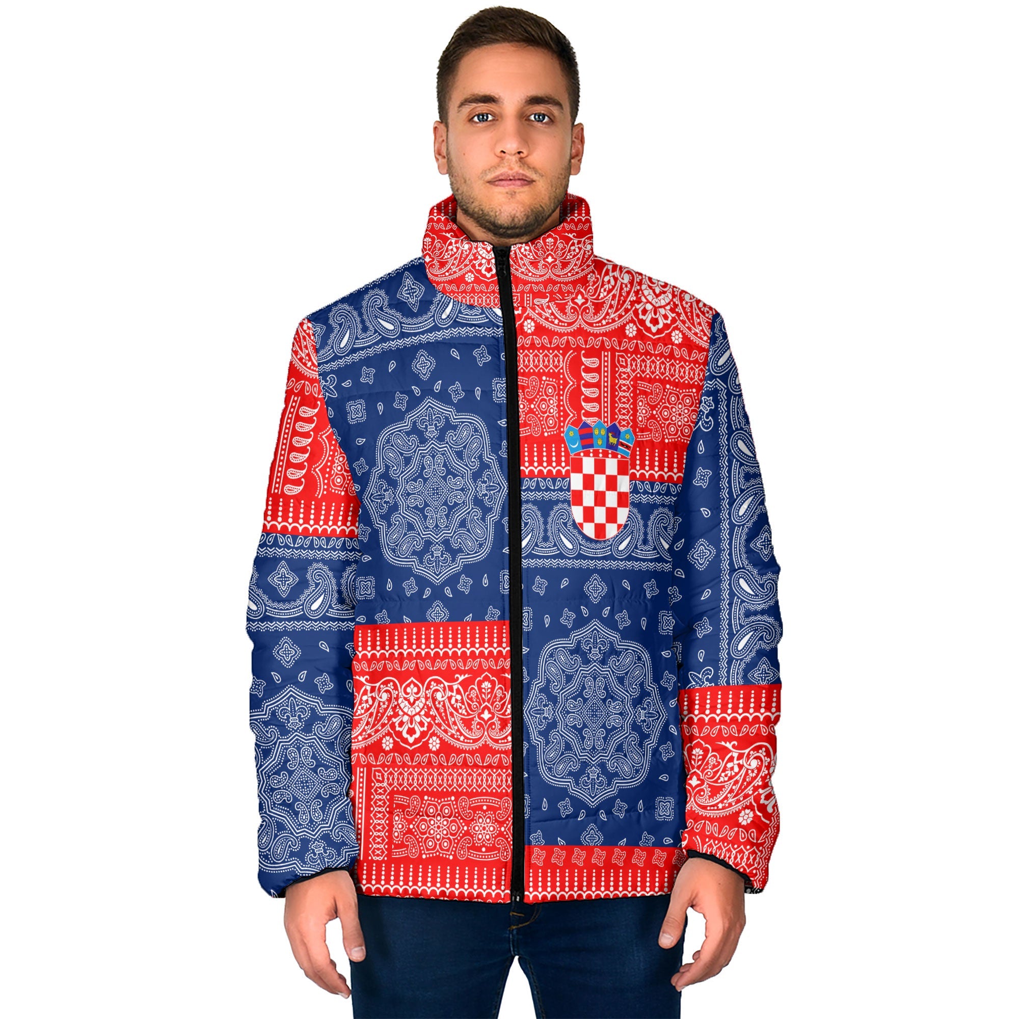 Croatia Men Padded Jacket Flag And Paisley Basic Style 1