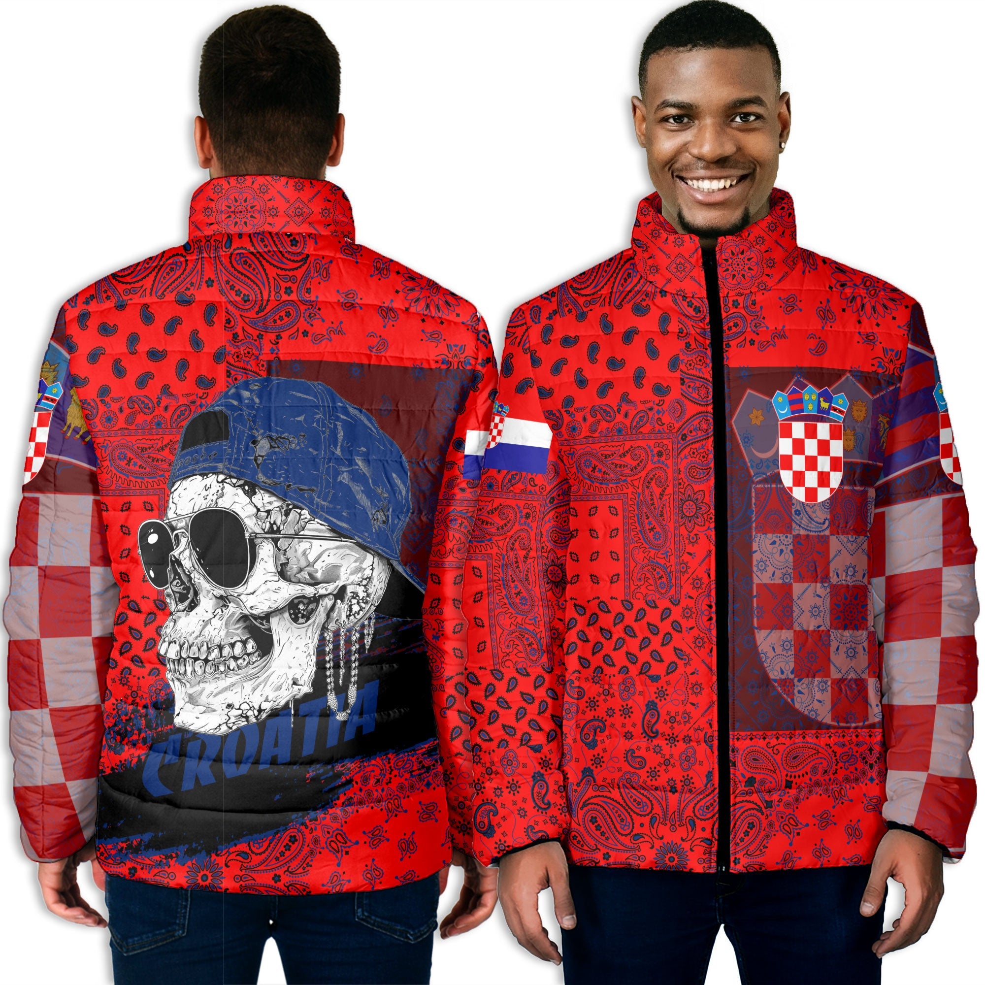 Croatia Men Padded Jacket Paisley Flag And Skull Style 3