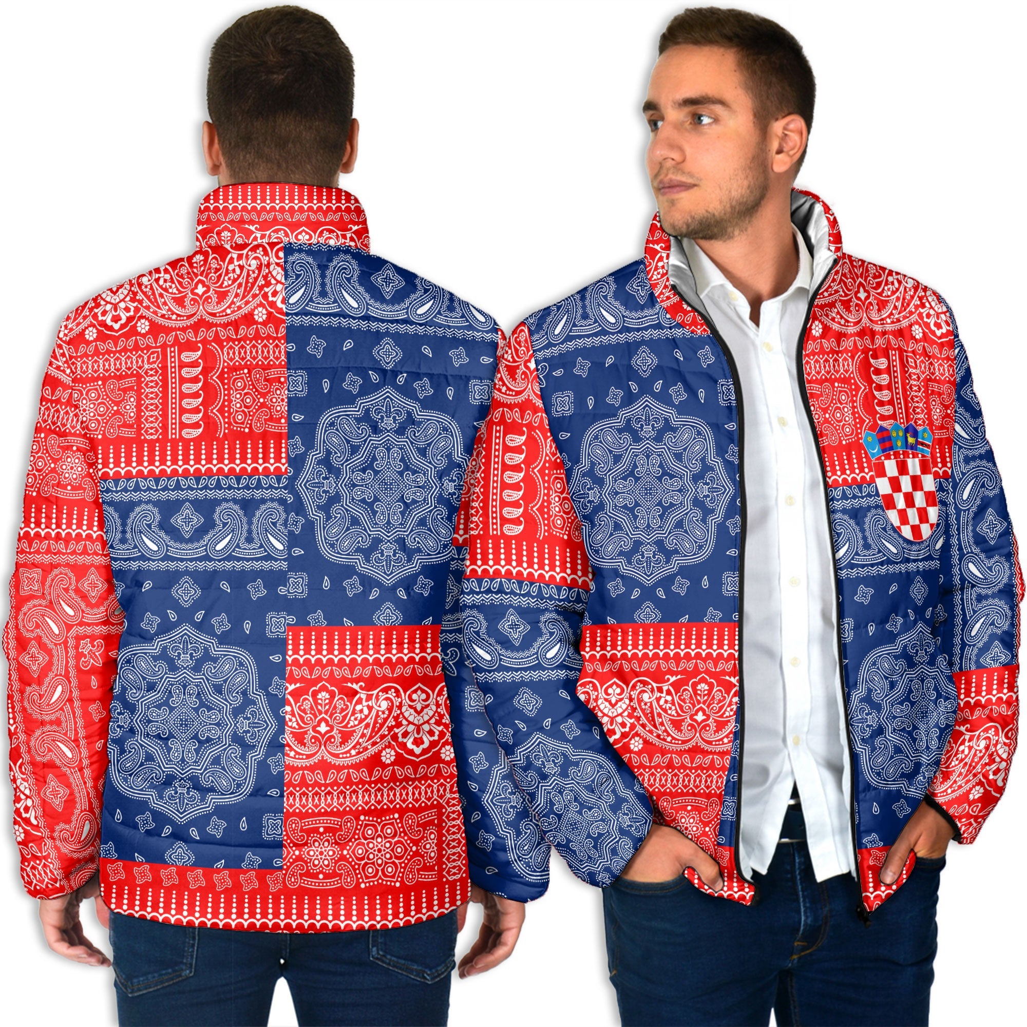 Croatia Men Padded Jacket Flag And Paisley Basic Style 4