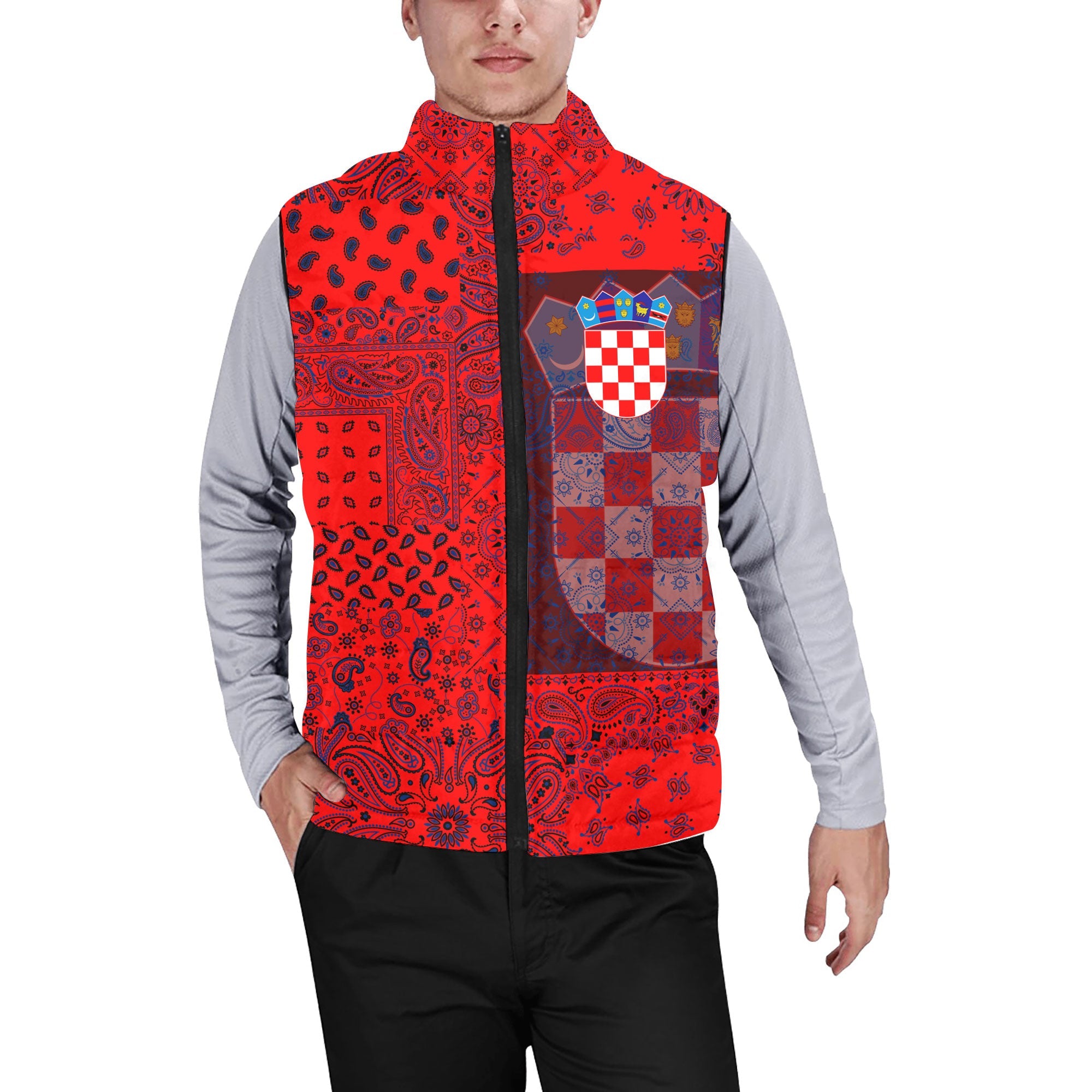 Croatia Men Padded Jacket Vest Paisley Flag And Skull Style 1