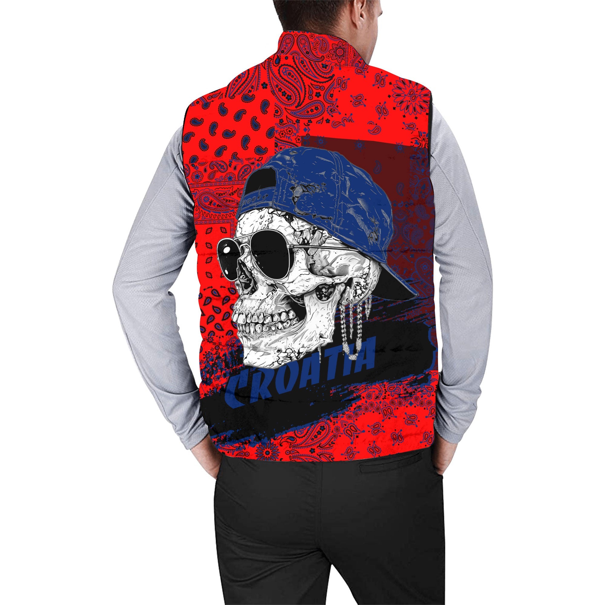 Croatia Men Padded Jacket Vest Paisley Flag And Skull Style 2