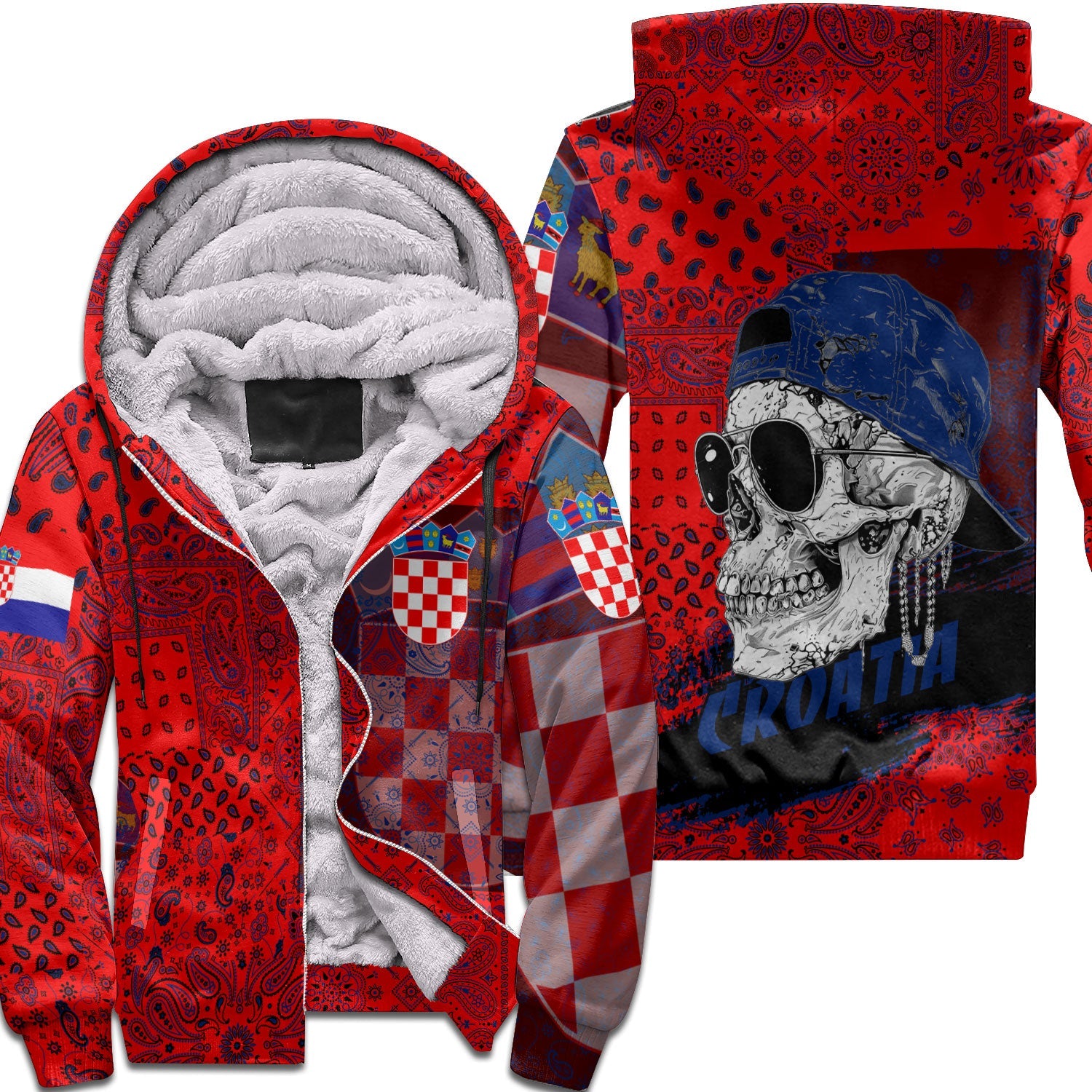 Croatia Sherpa Hoodie Paisley Flag And Skull Style 1