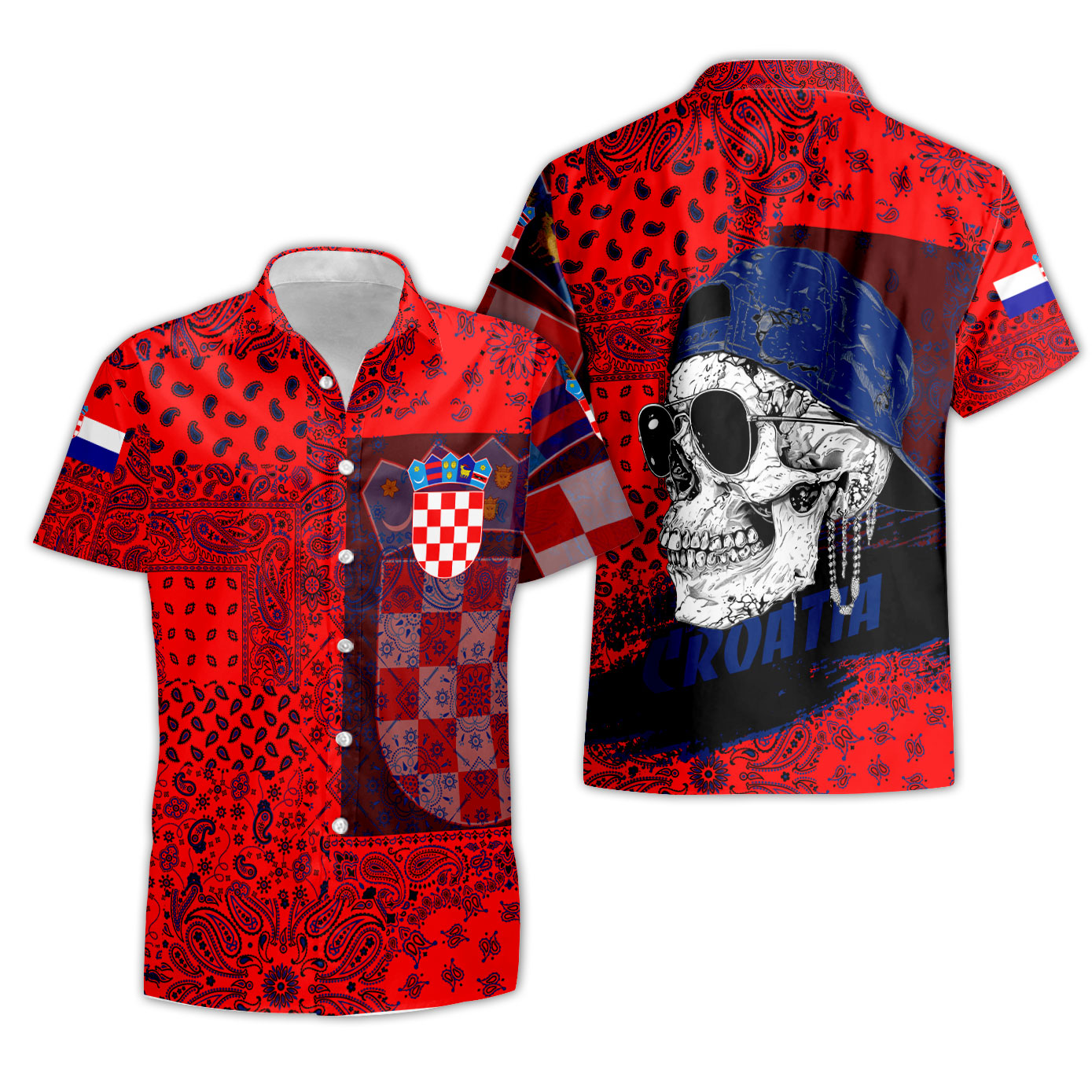 Croatia Short Sleeve Shirt Paisley Flag And Skull Style 3