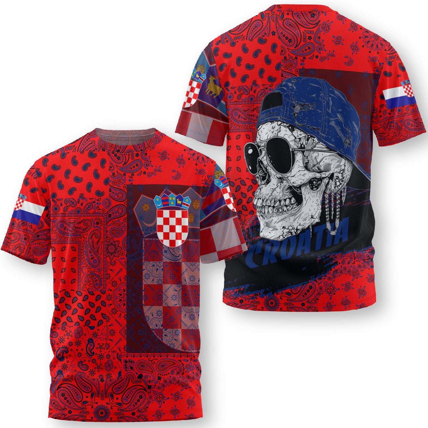 Croatia T Shirt Paisley Flag And Skull Style 3