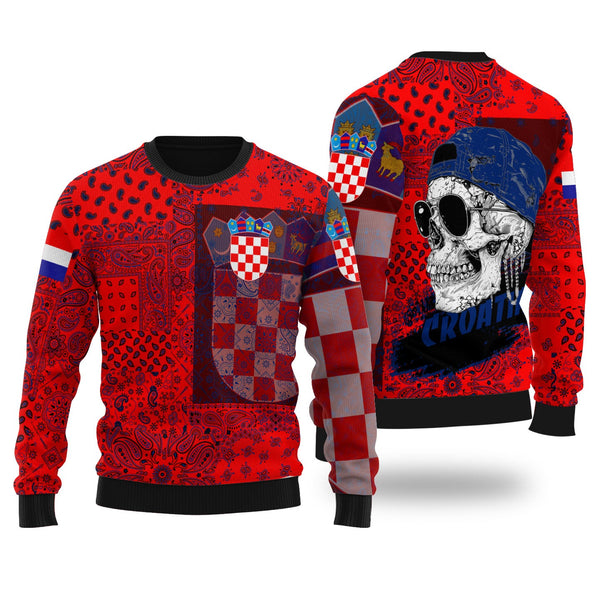 Croatia Ugly Sweater Paisley Flag And Skull Style 1