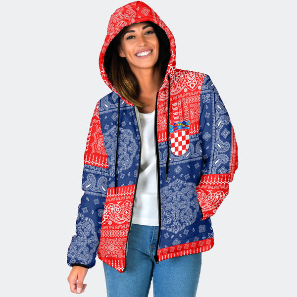 Croatia Women Hooded Padded Jacket Flag And Paisley Basic Style 1