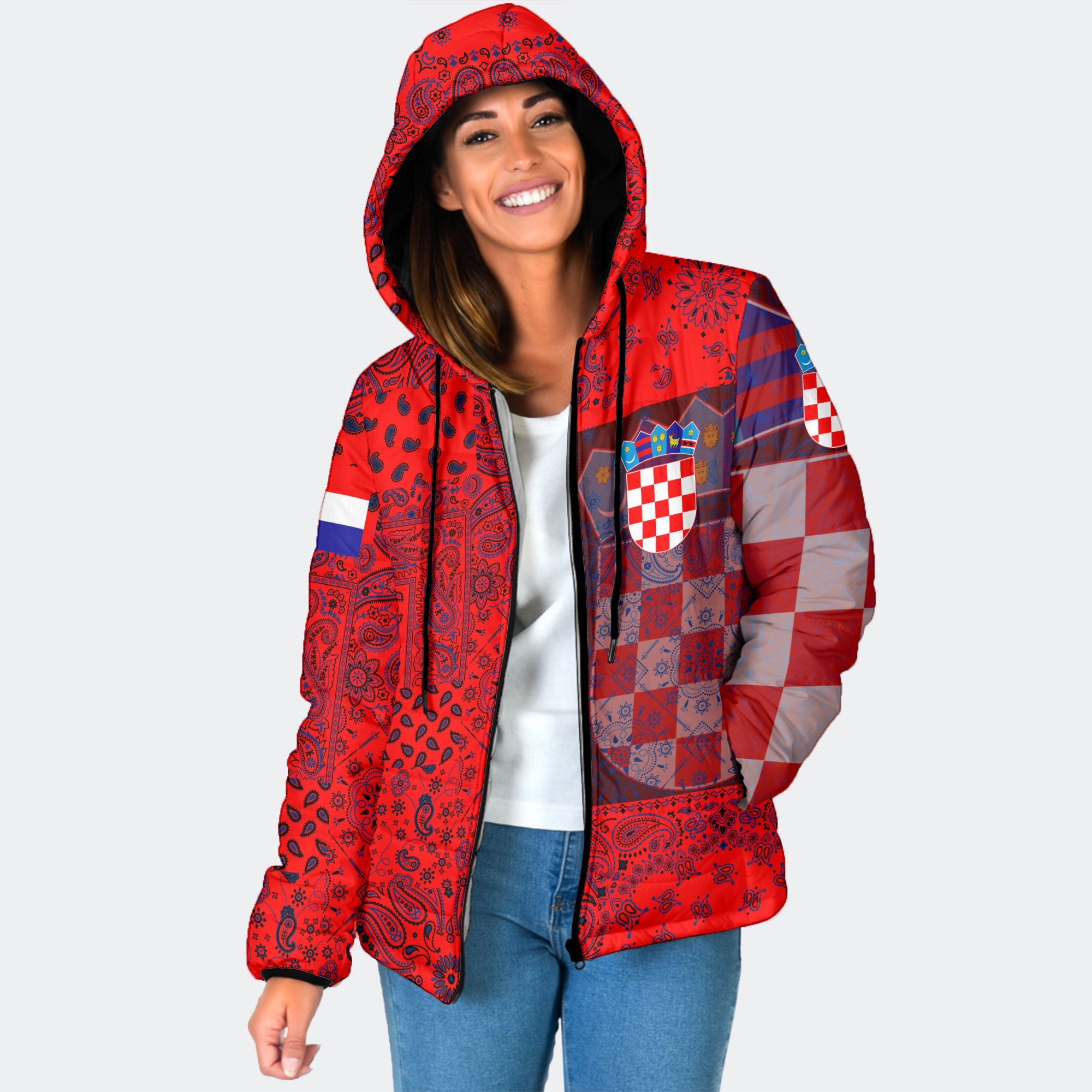 Croatia Women Hooded Padded Jacket Paisley Flag And Skull Style 1