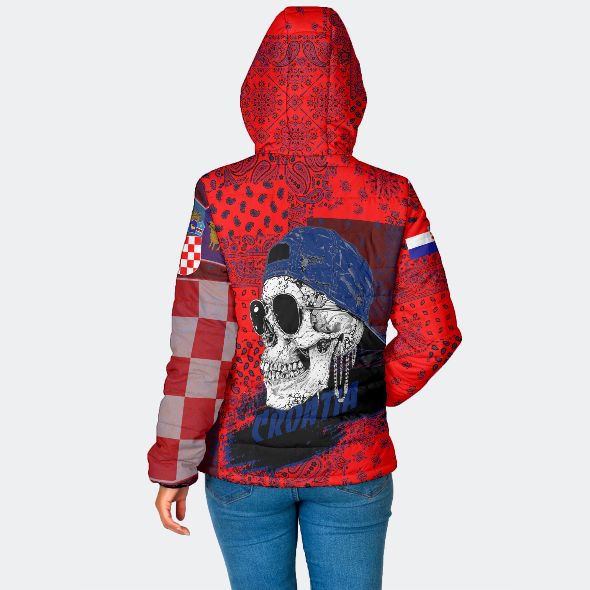 Croatia Women Hooded Padded Jacket Paisley Flag And Skull Style 2