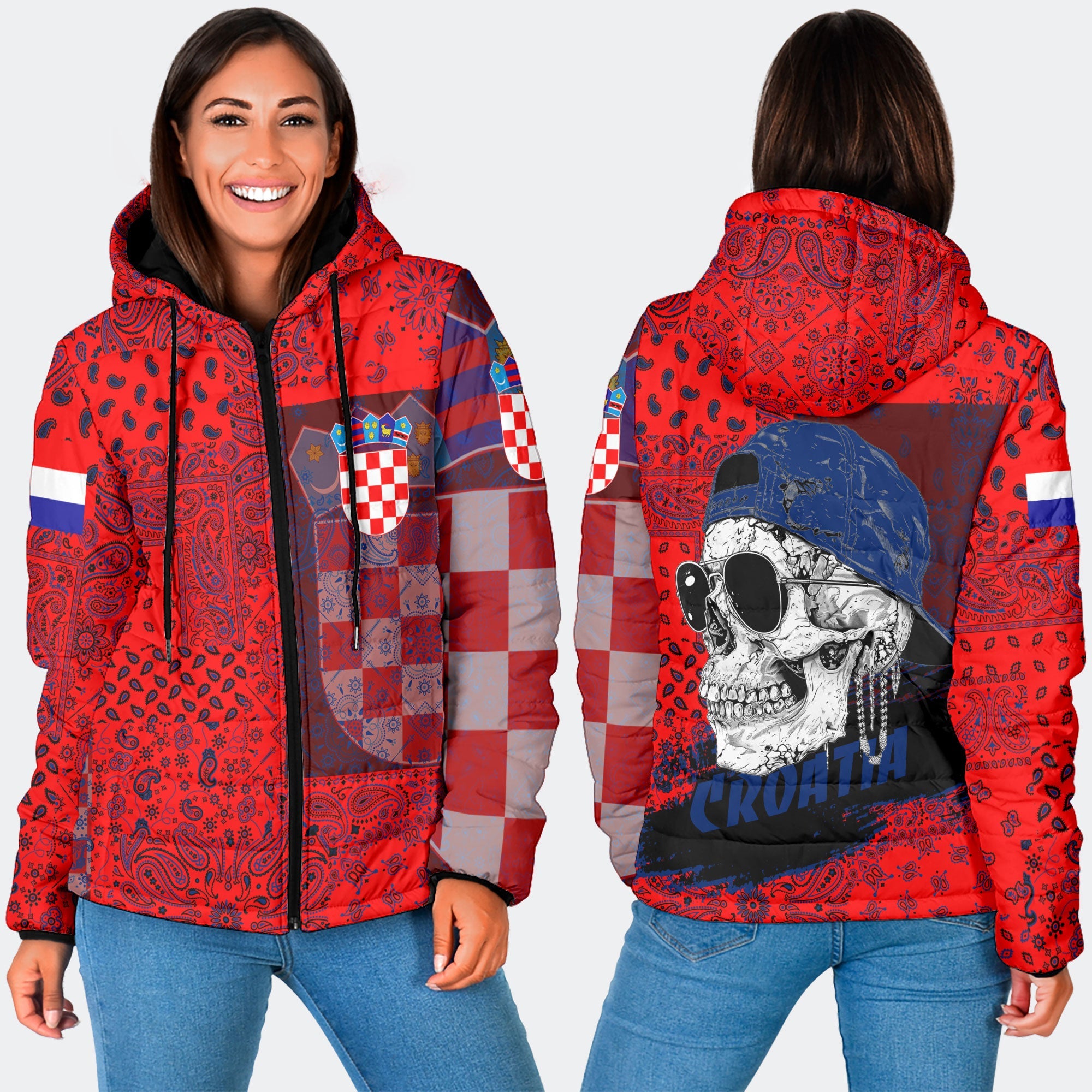 Croatia Women Hooded Padded Jacket Paisley Flag And Skull Style 3