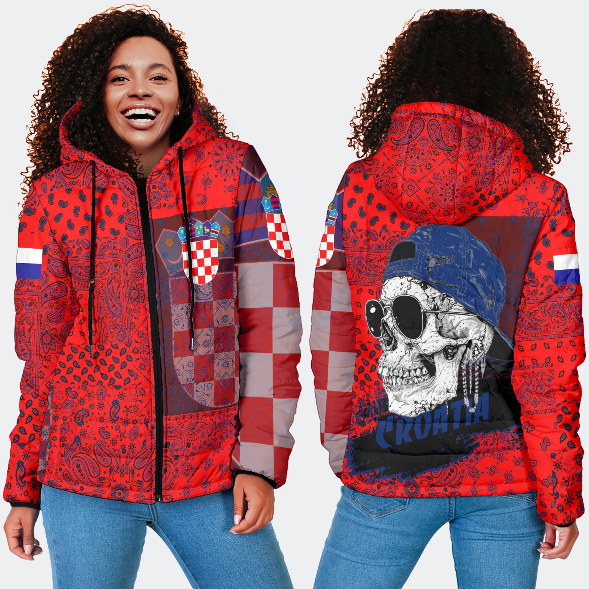 Croatia Women Hooded Padded Jacket Paisley Flag And Skull Style 4