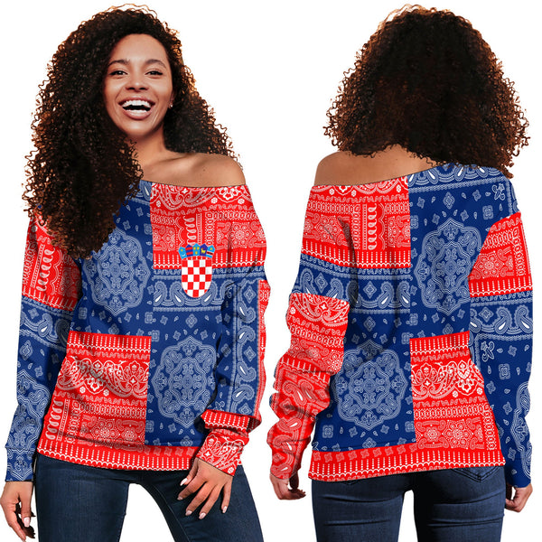 Croatia Women Off Shoulder Sweatshirt Flag And Paisley Basic Style 1