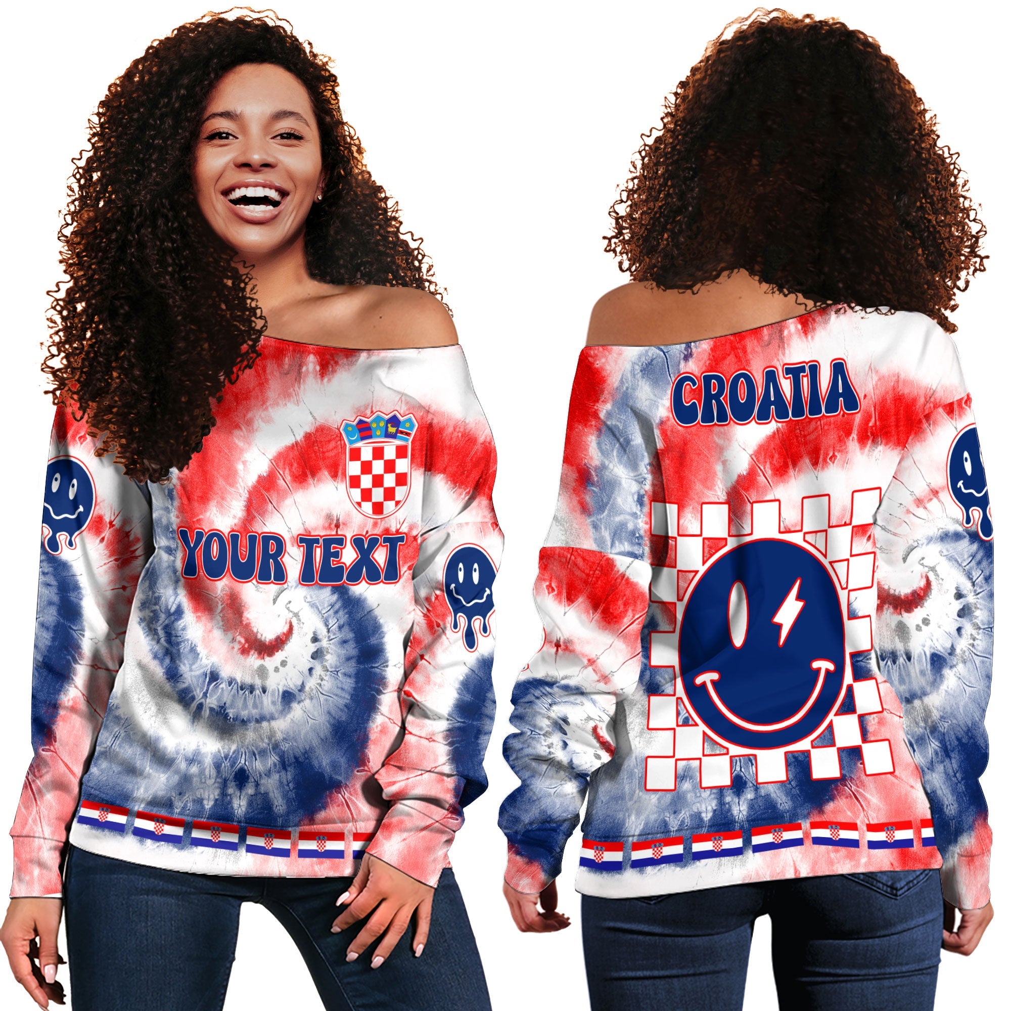 Croatia Women Off Shoulder Sweatshirt Custom Tie Dye Style 2