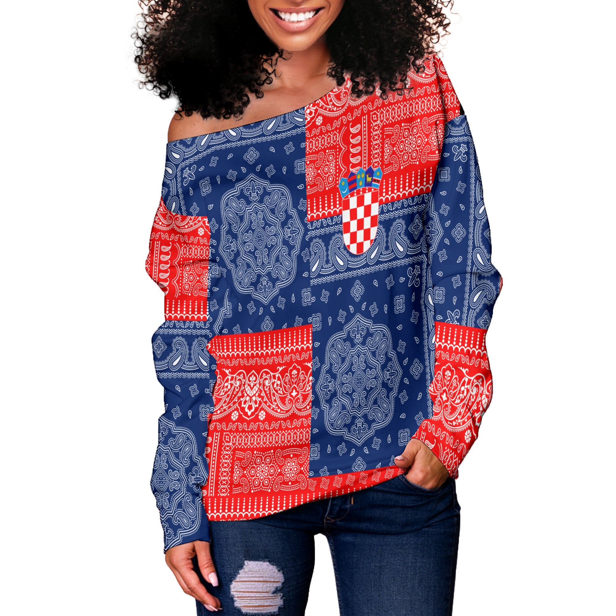 Croatia Women Off Shoulder Sweatshirt Flag And Paisley Basic Style 2