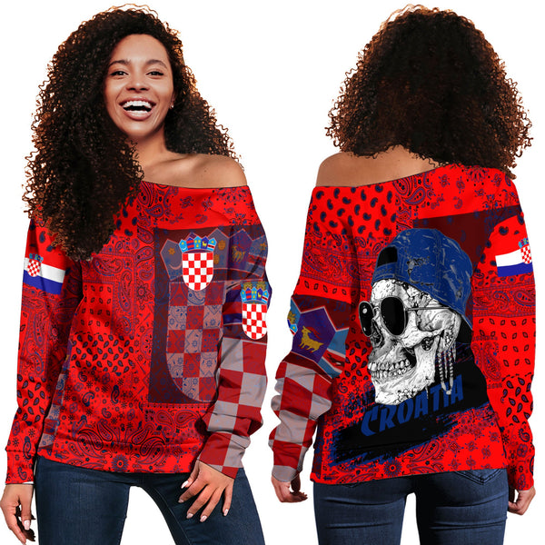 Croatia Women Off Shoulder Sweatshirt Paisley Flag And Skull Style 1