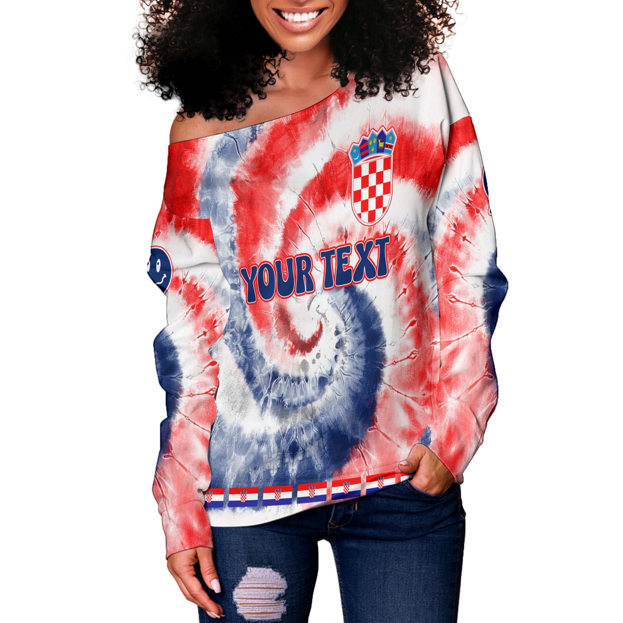 Croatia Women Off Shoulder Sweatshirt Custom Tie Dye Style 3