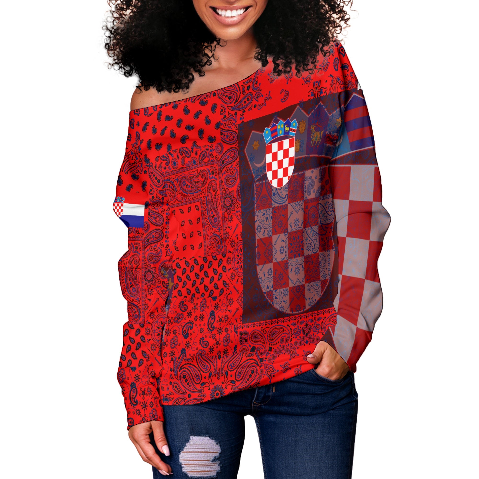 Croatia Women Off Shoulder Sweatshirt Paisley Flag And Skull Style 2