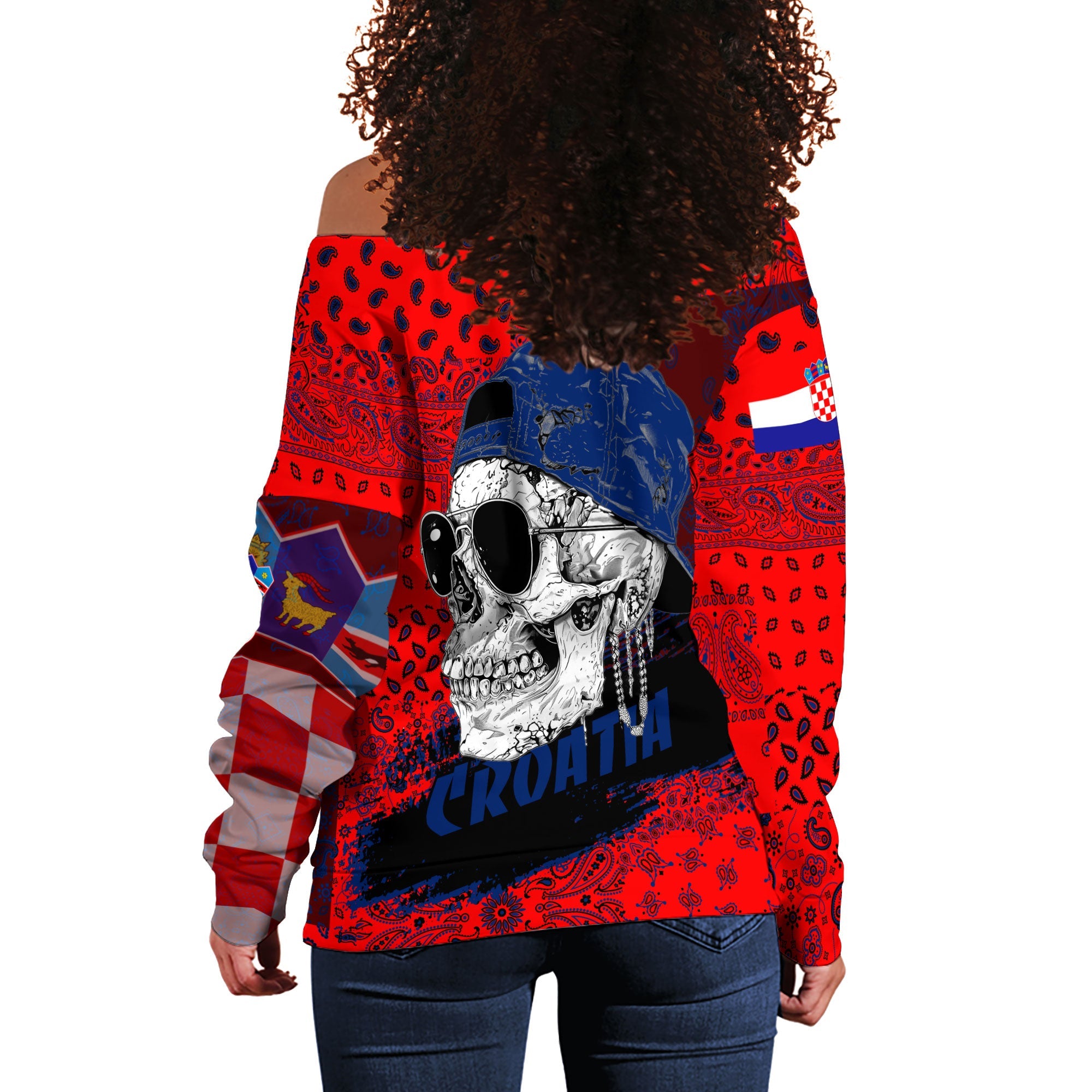 Croatia Women Off Shoulder Sweatshirt Paisley Flag And Skull Style 3