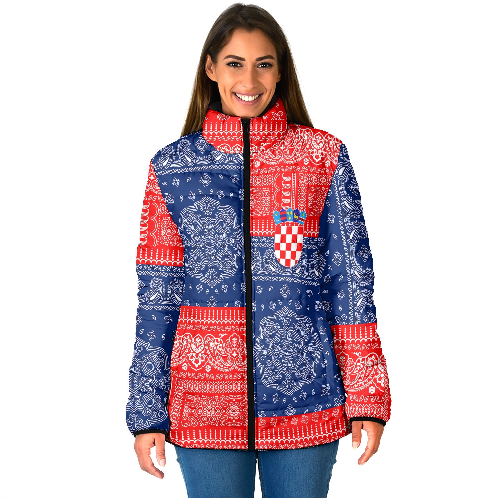 Croatia Women Padded Jacket Flag And Paisley Basic Style 1