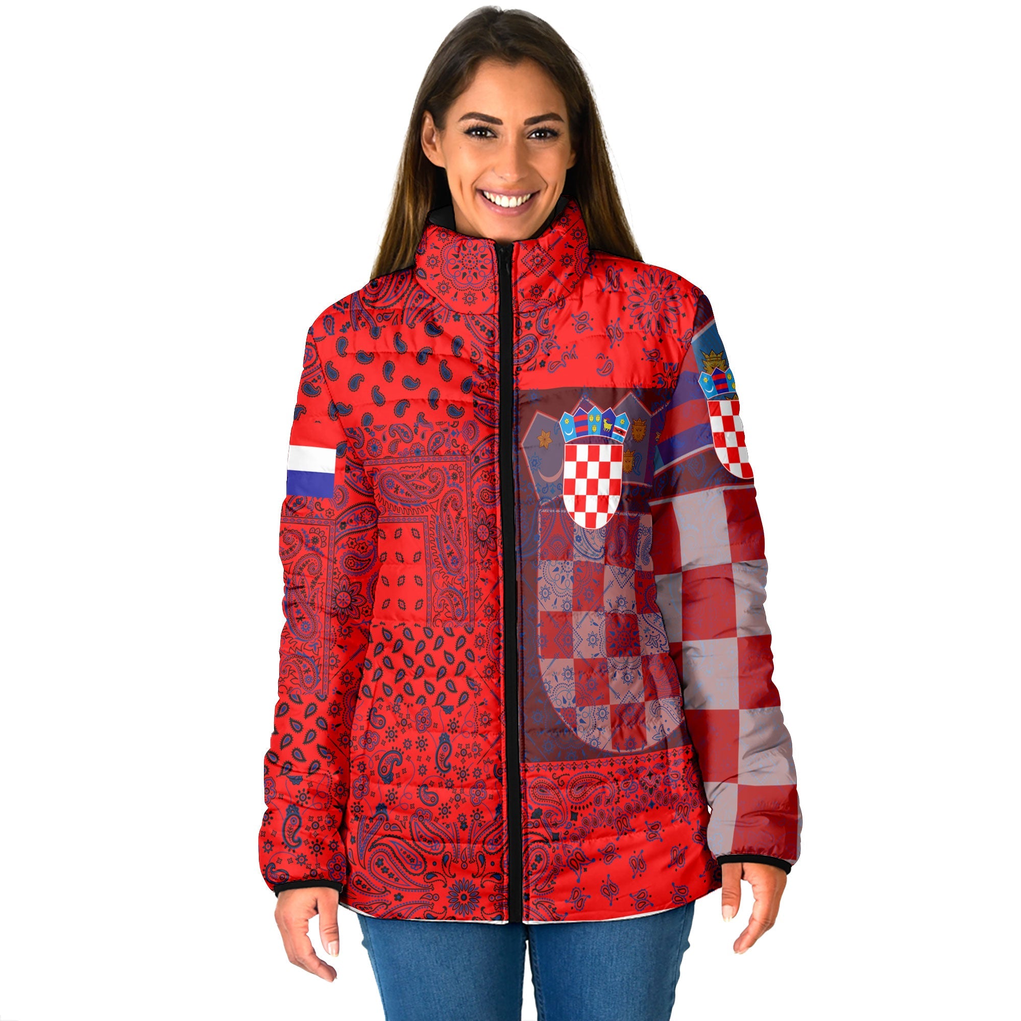 Croatia Women Padded Jacket Paisley Flag And Skull Style 1