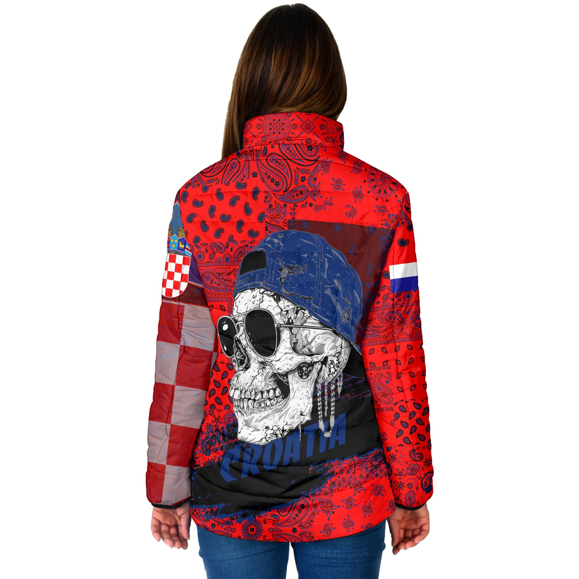 Croatia Women Padded Jacket Paisley Flag And Skull Style 2