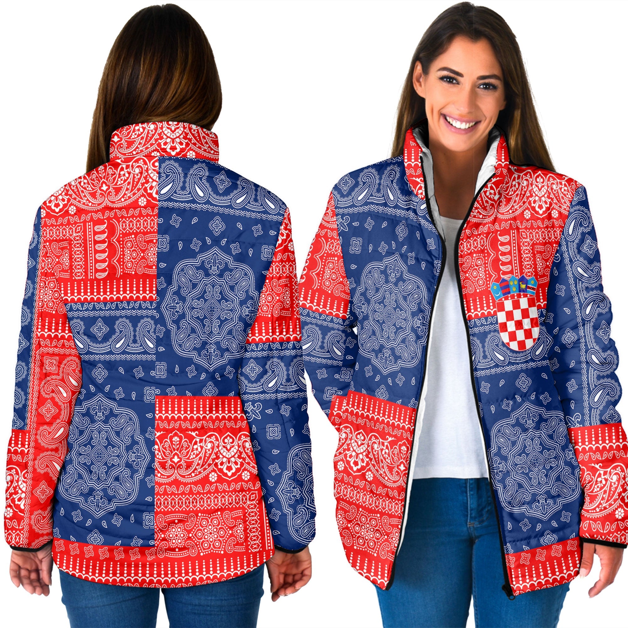 Croatia Women Padded Jacket Flag And Paisley Basic Style 3