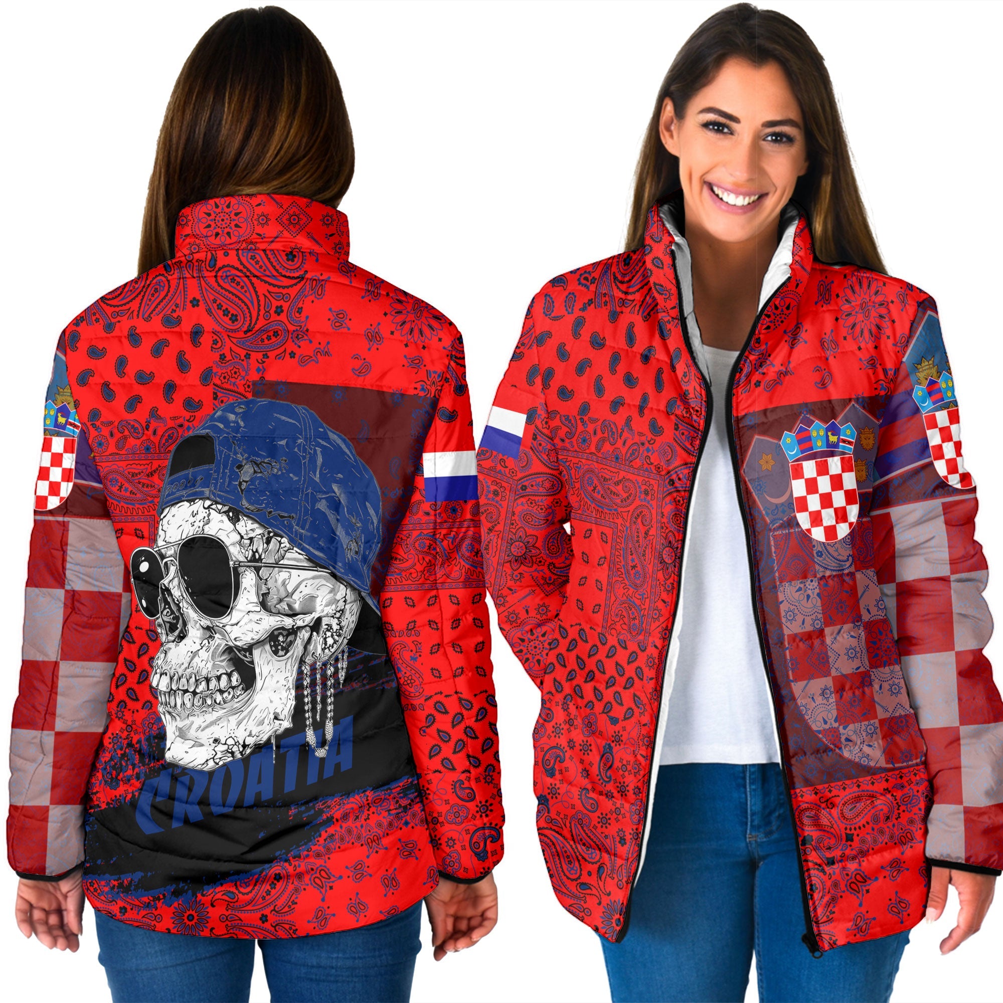 Croatia Women Padded Jacket Paisley Flag And Skull Style 3