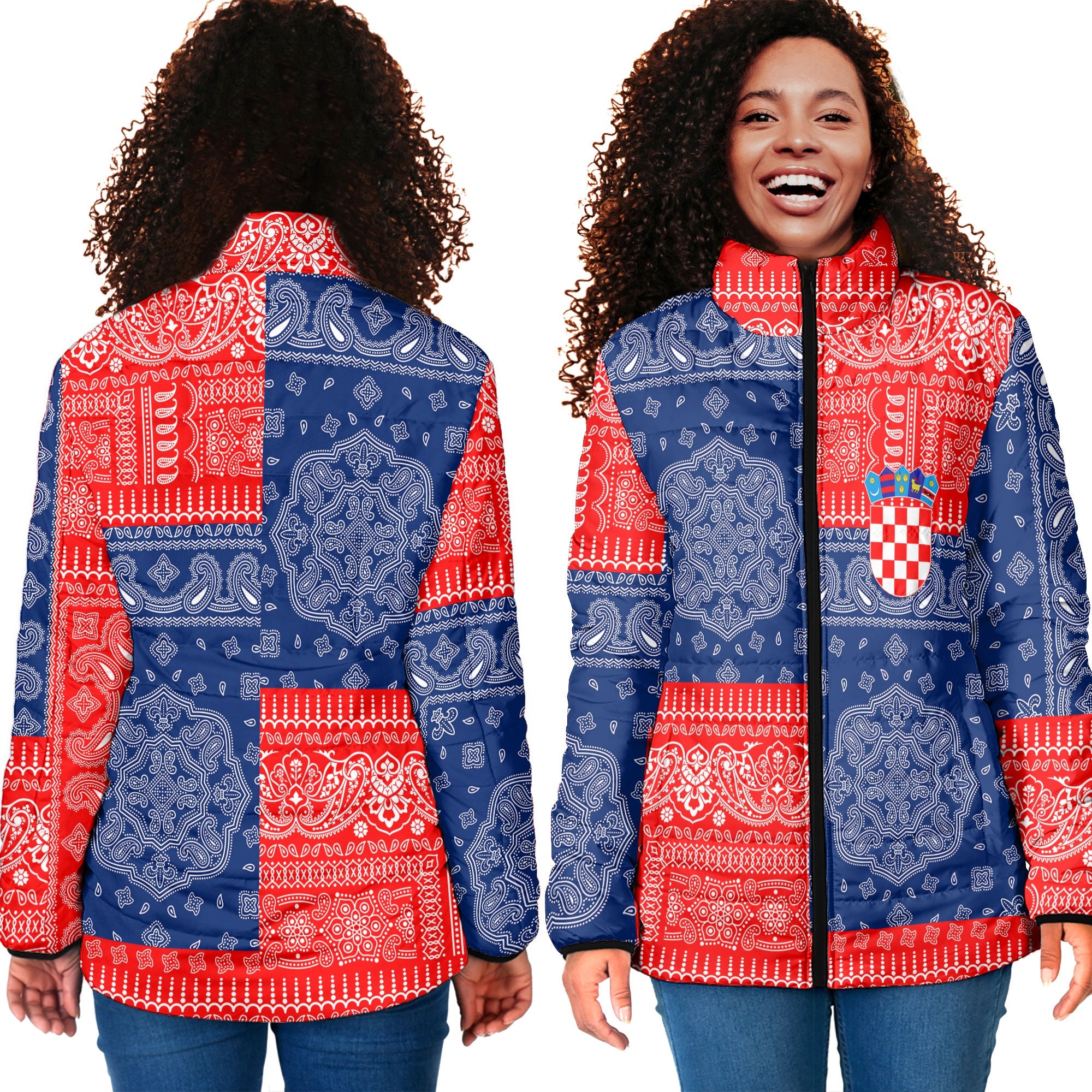 Croatia Women Padded Jacket Flag And Paisley Basic Style 4