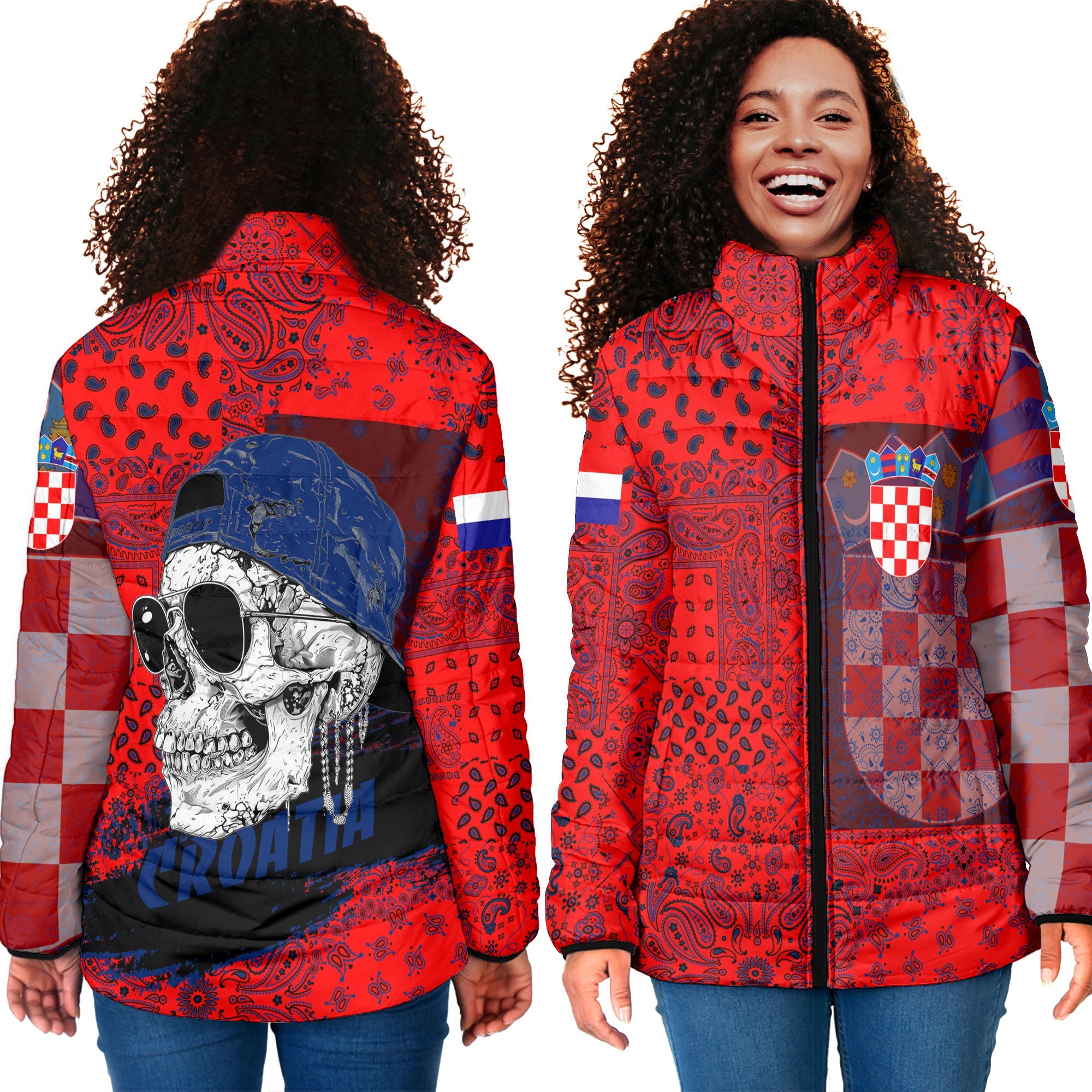 Croatia Women Padded Jacket Paisley Flag And Skull Style 4