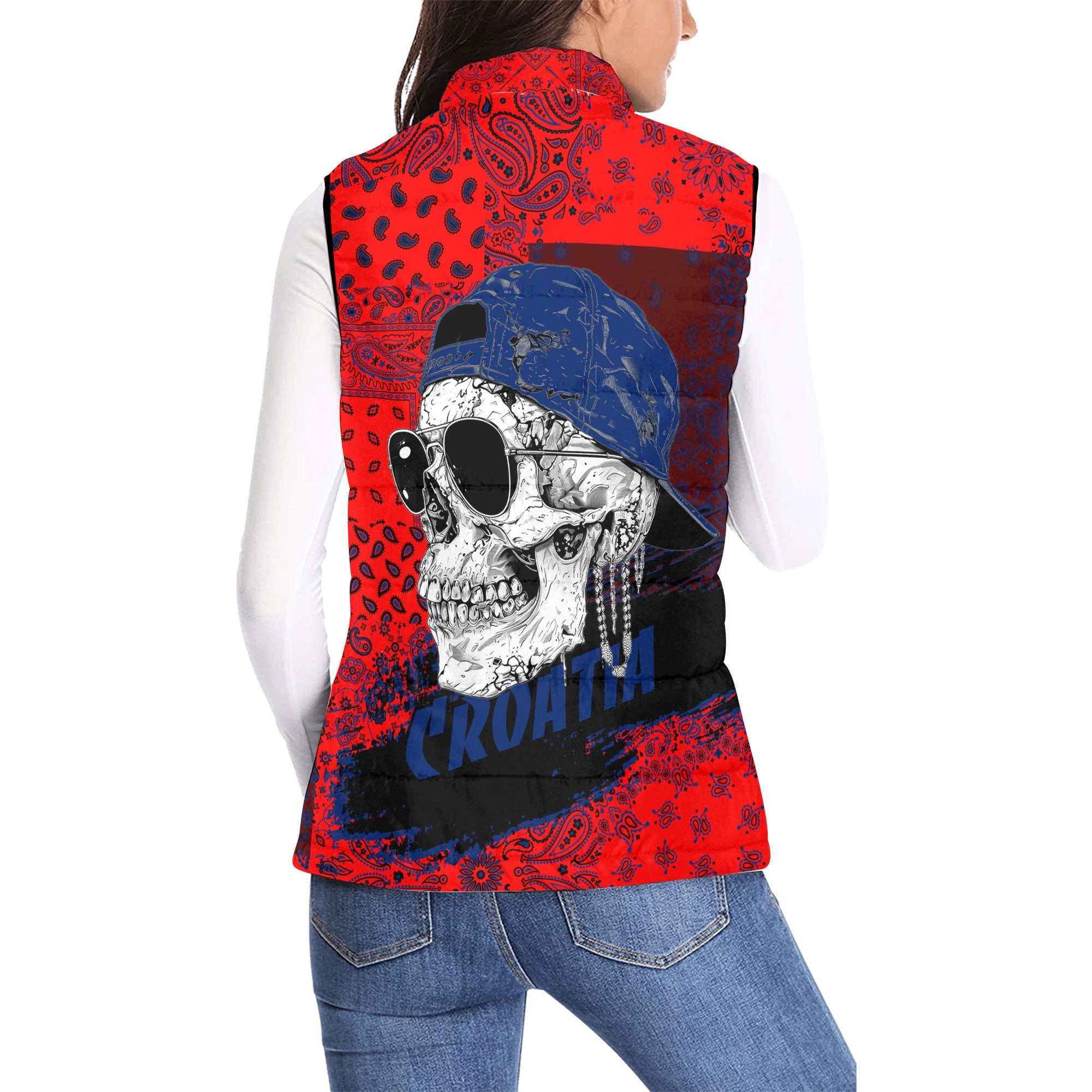 Croatia Women Padded Jacket Vest Paisley Flag And Skull Style 2