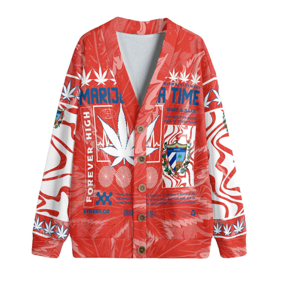 Cuba Fleece Cardigan Flag & Coat Of Arms Marijuanas Style