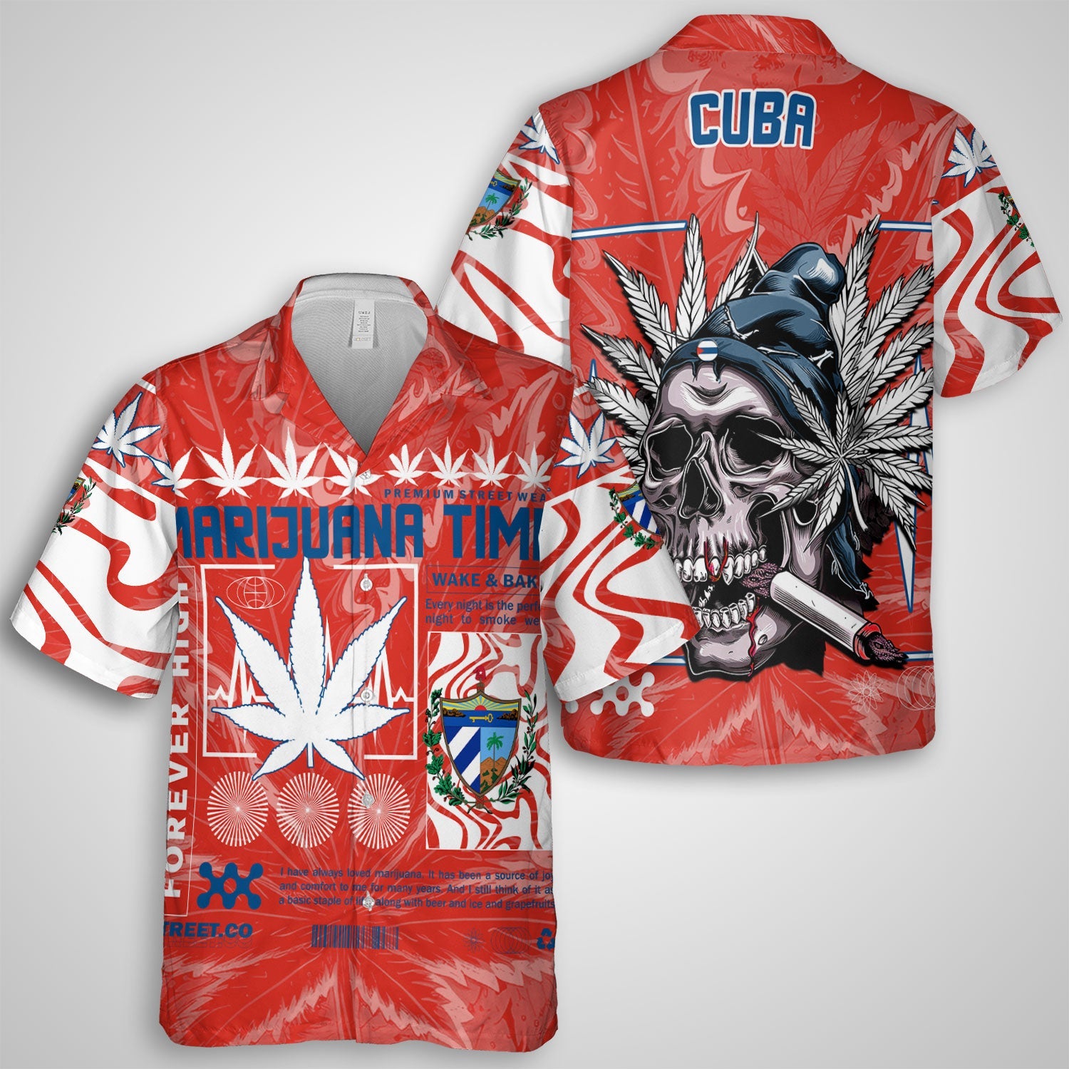 Cuba Hawaiian Shirt Flag & Coat Of Arms Marijuanas Style