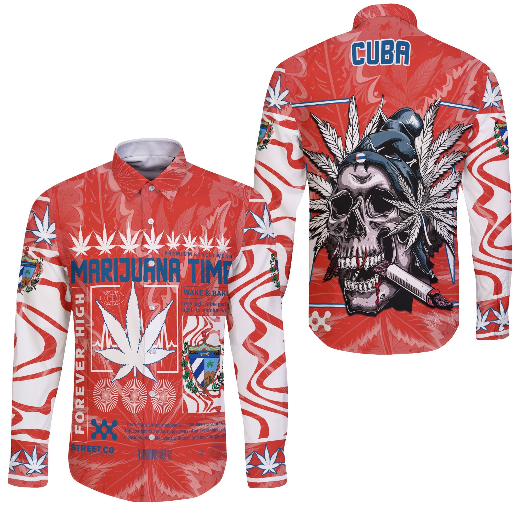 Cuba Long Sleeve Button Shirt Flag & Coat Of Arms Marijuanas Style