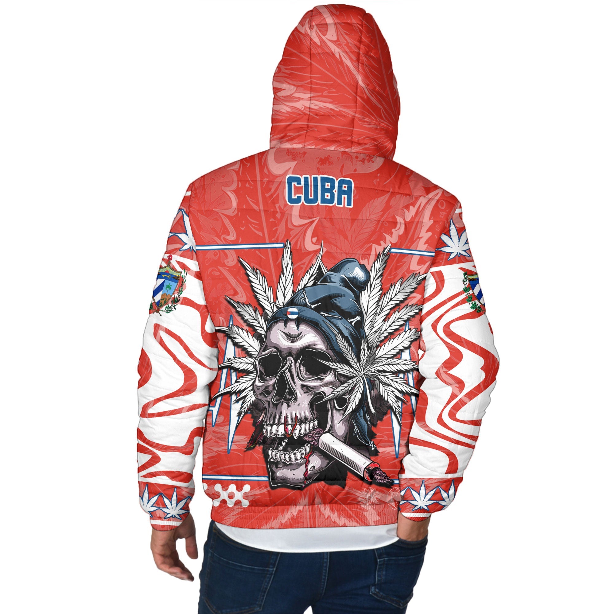 Cuba Men Hooded Padded Jacket Flag & Coat Of Arms Marijuanas Style