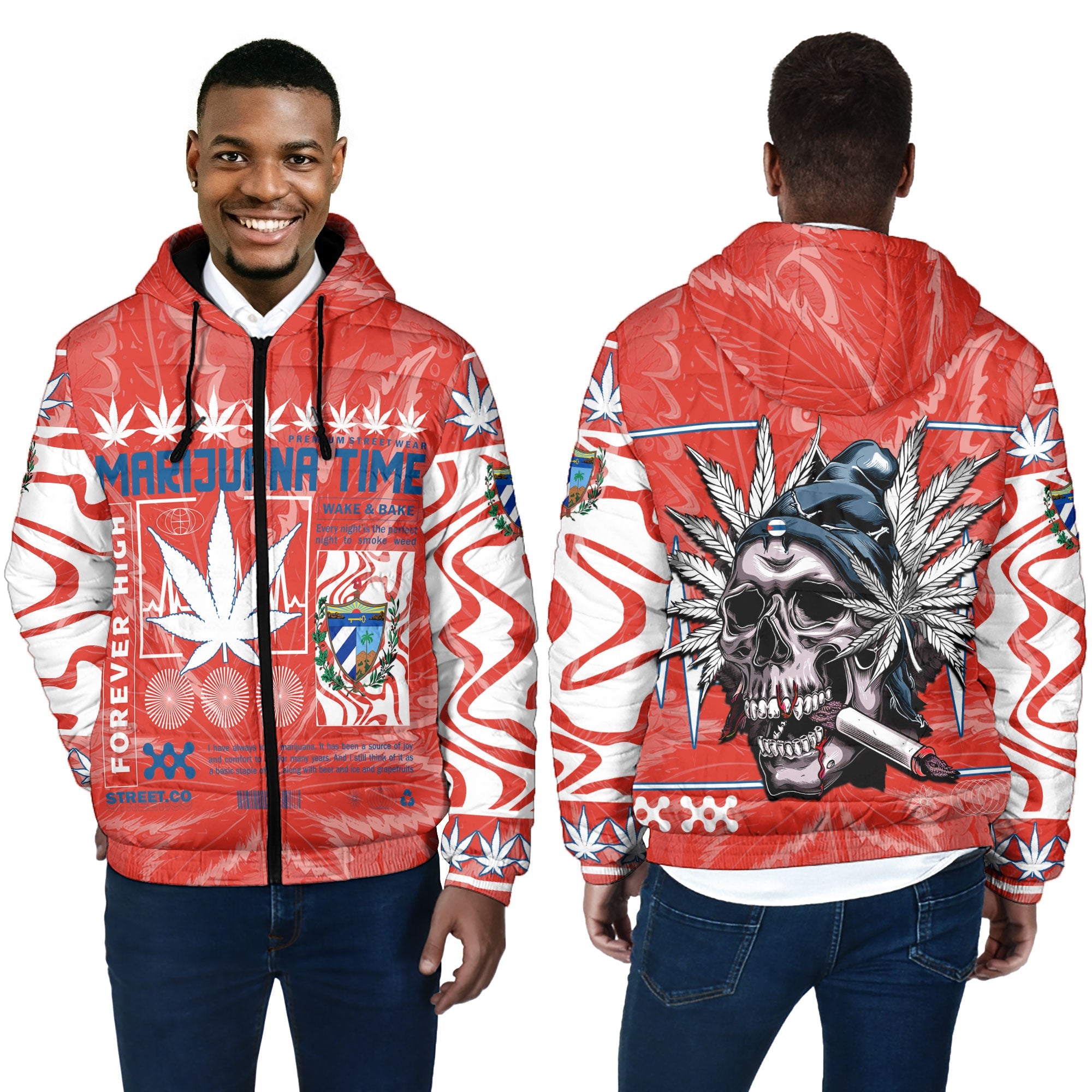 Cuba Men Hooded Padded Jacket Flag & Coat Of Arms Marijuanas Style