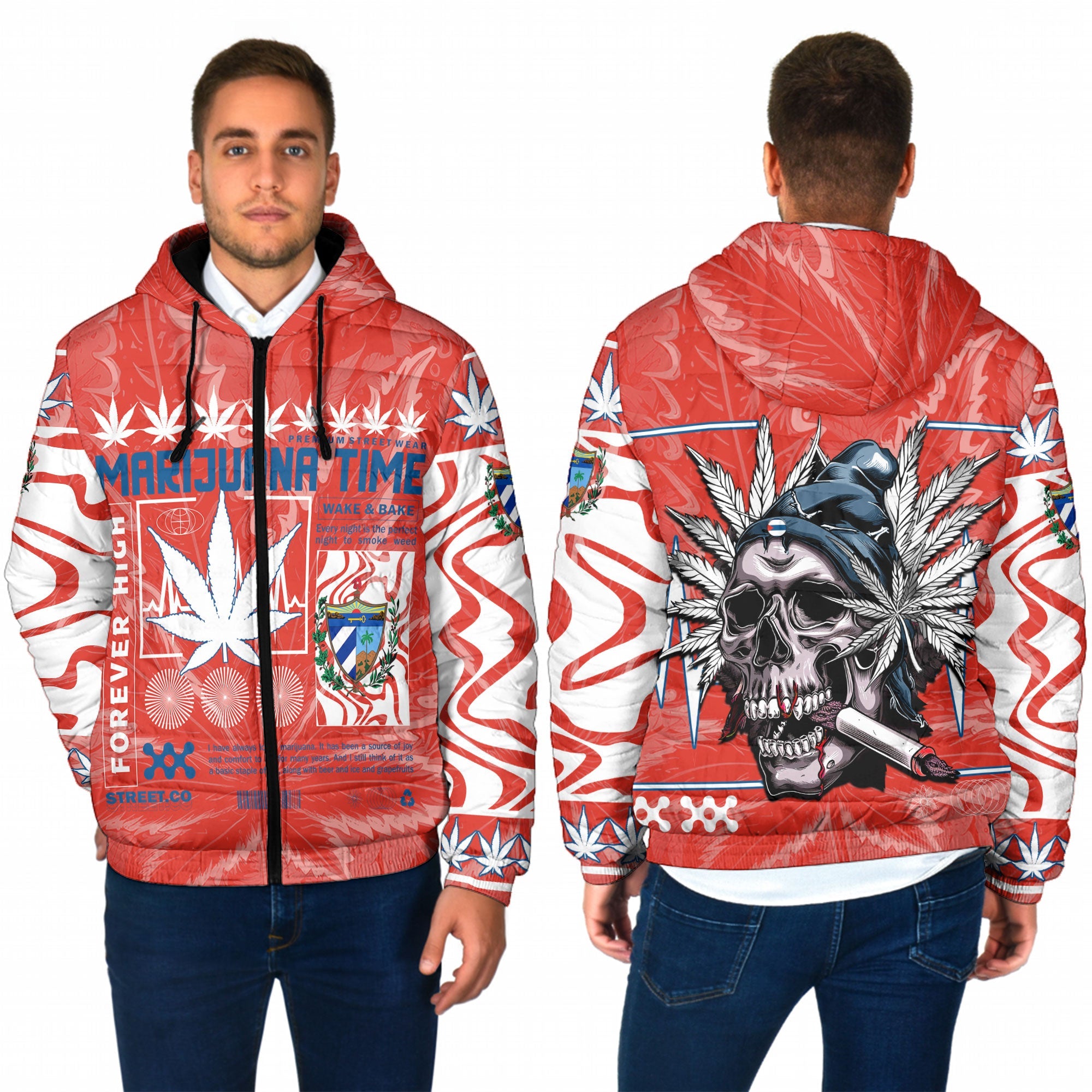 Cuba Men Hooded Padded Jacket Flag & Coat Of Arms Marijuanas Style