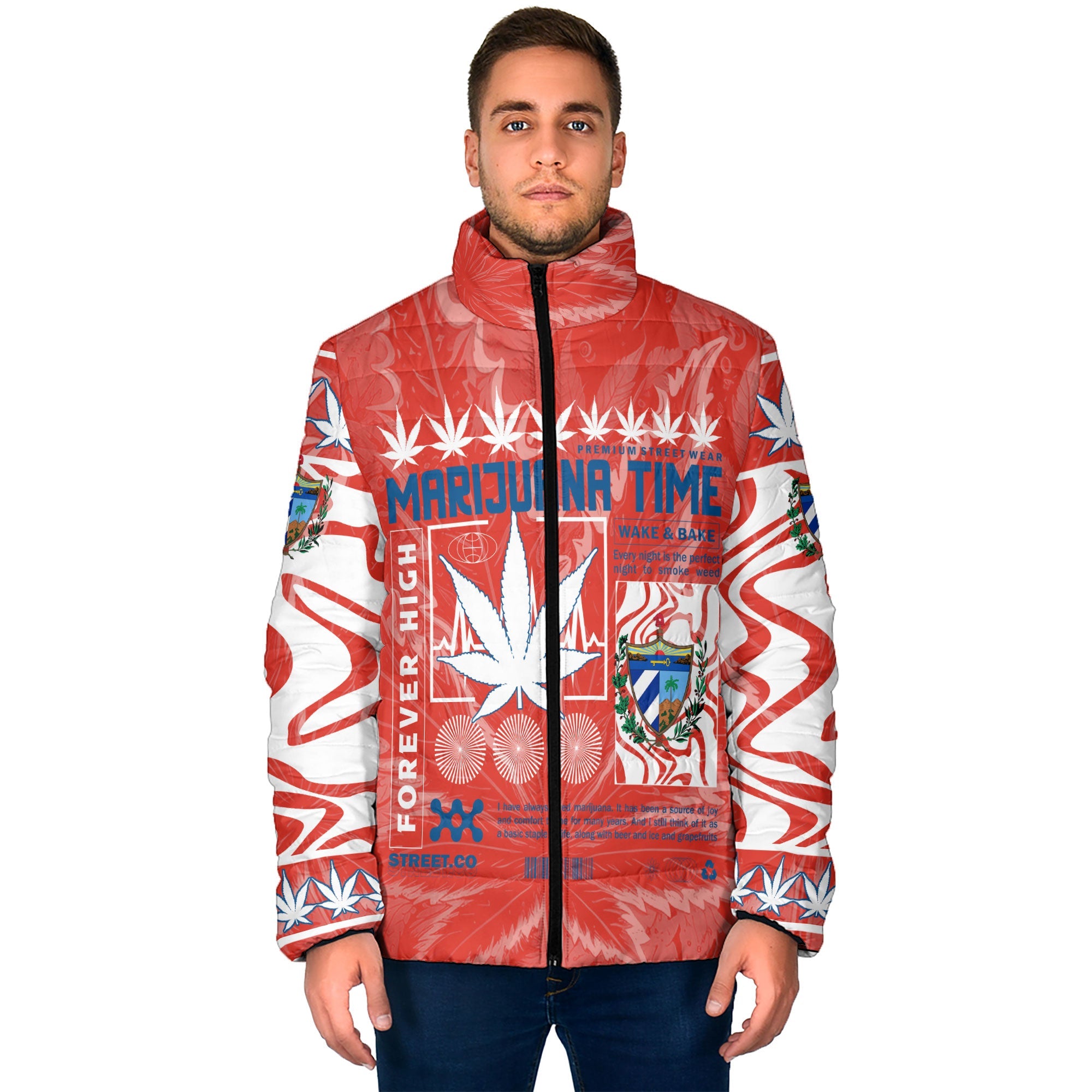 Cuba Men Padded Jacket Flag & Coat Of Arms Marijuanas Style